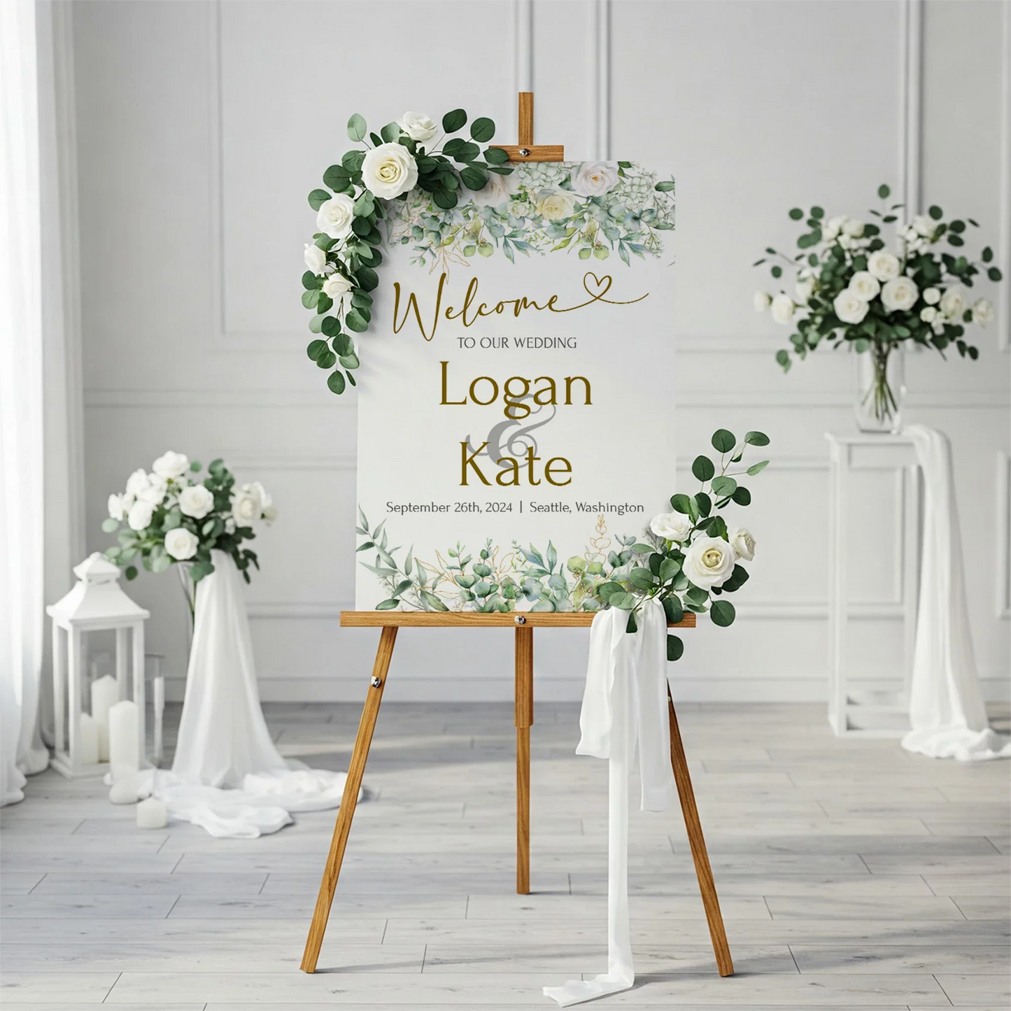 White Rose DIY Wedding, Floral Wedding Party Supplies, Eucalyptus Leaves Themed, DIY Wedding Digital Template, Editable White Rose and Eucalyptus Leaves Image SVG PNG