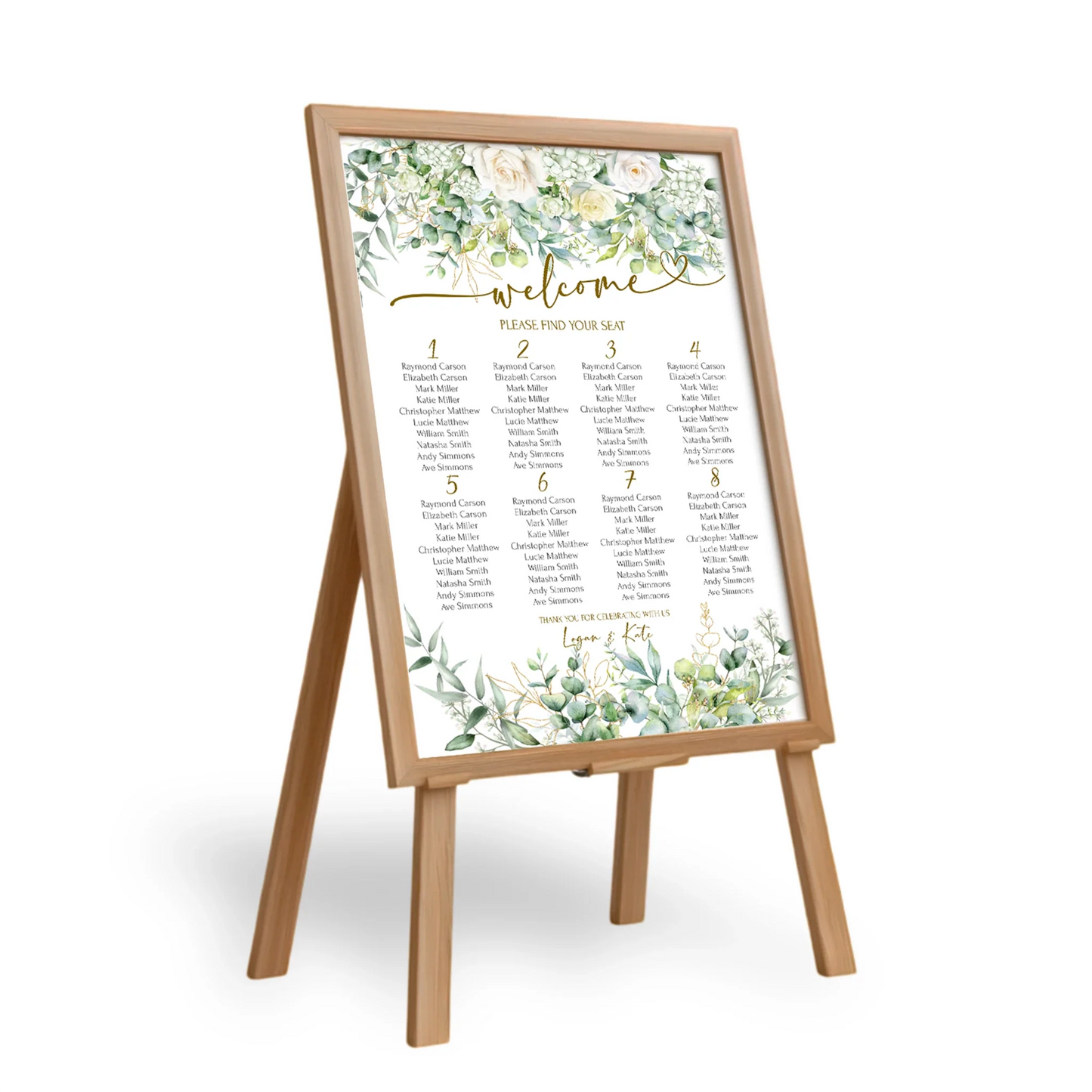 White Rose and Eucalyptus Leaves Wedding Seating Plan Template