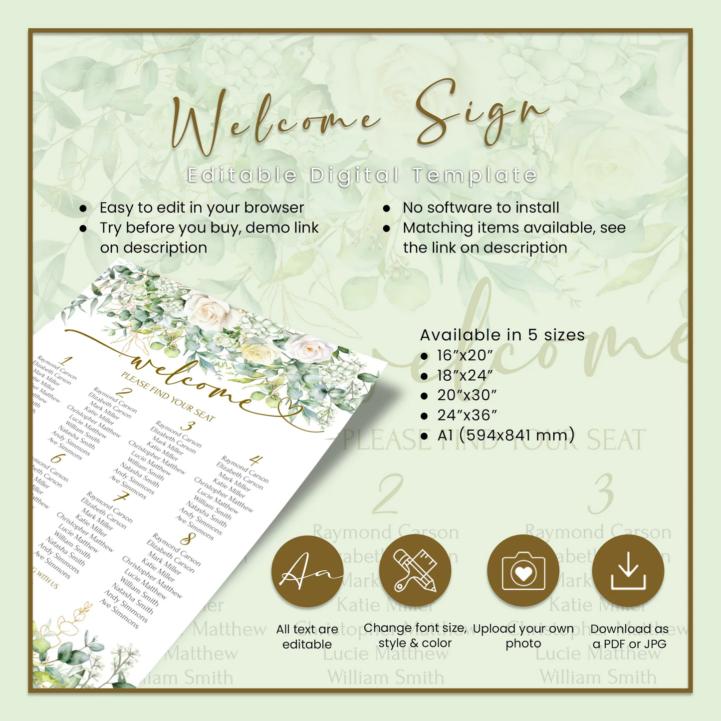 White Rose and Eucalyptus Leaves Wedding Seating Plan