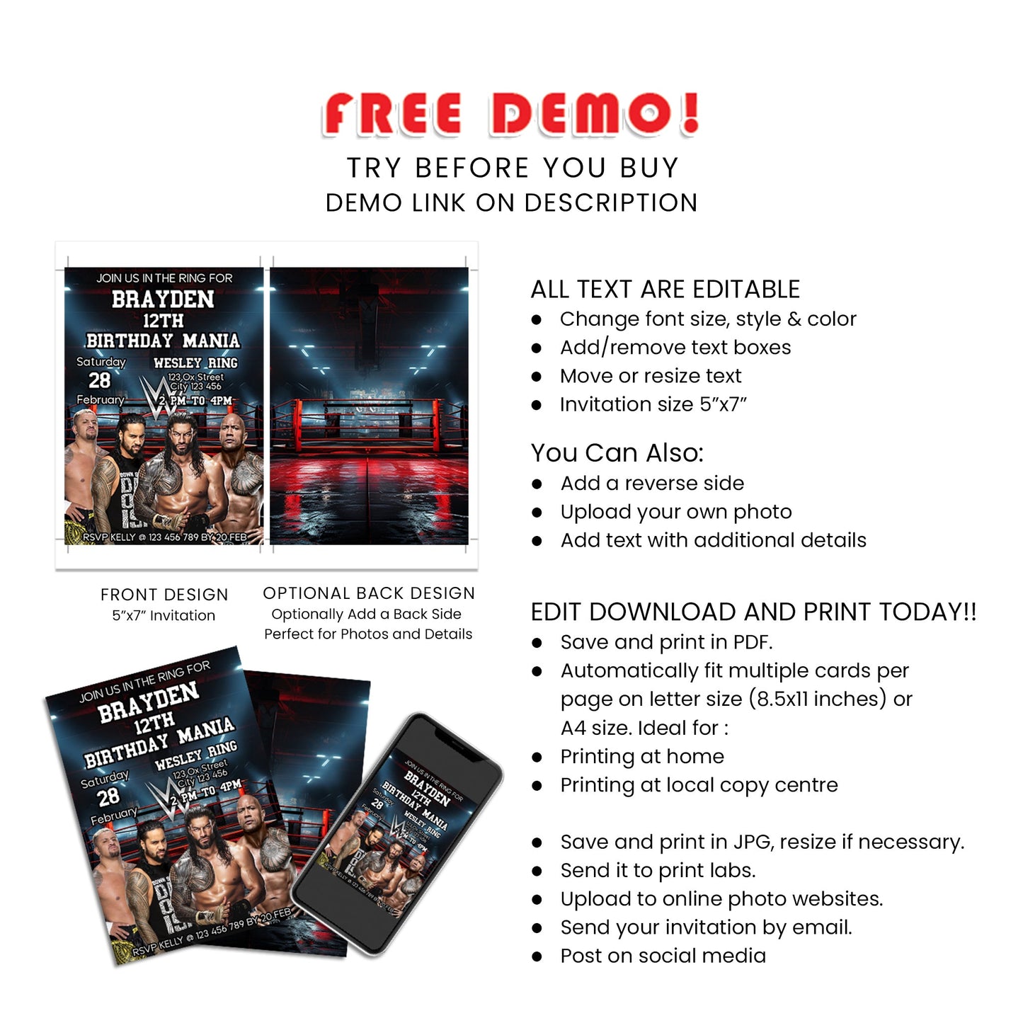 Personalized WWE The Bloodline Birthday Card Invitations - Invite Your Friends in Style