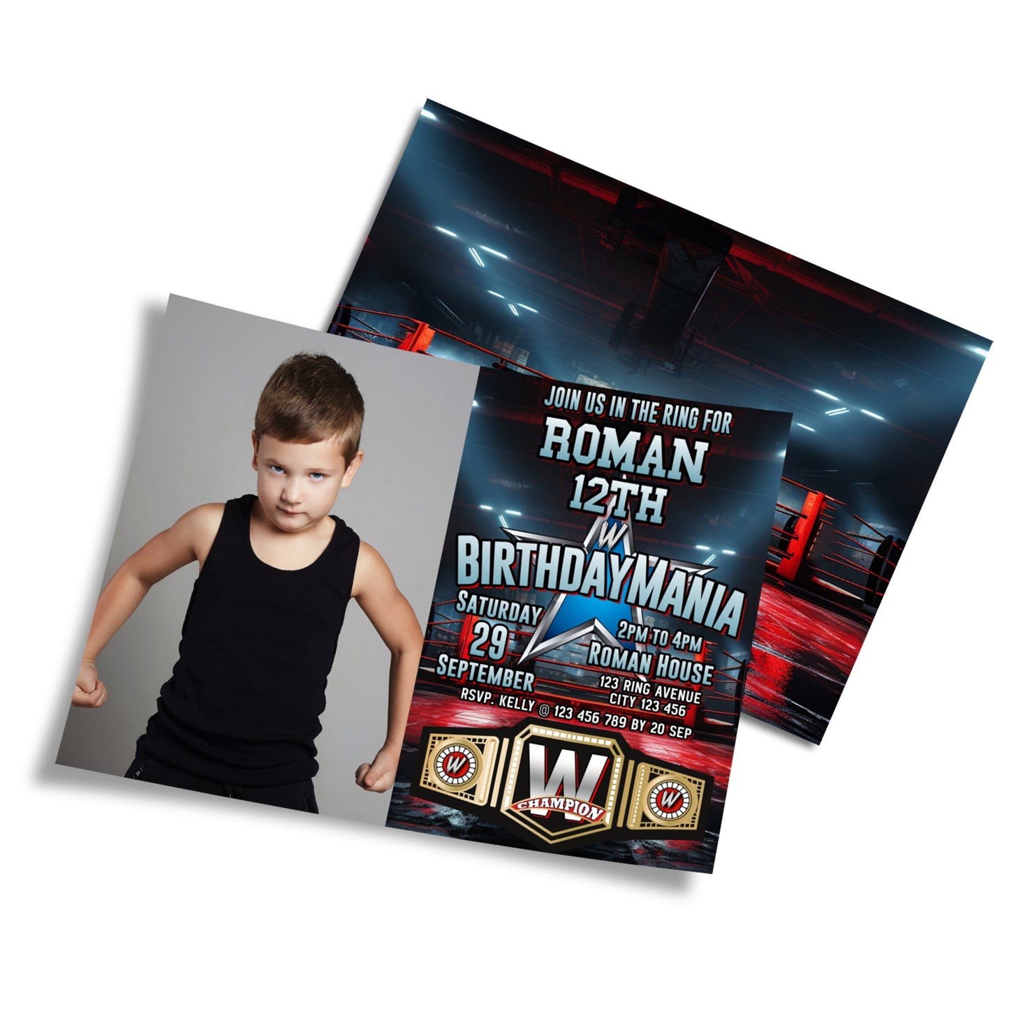 WWE Birthday Mania themed personalized photo card invitations