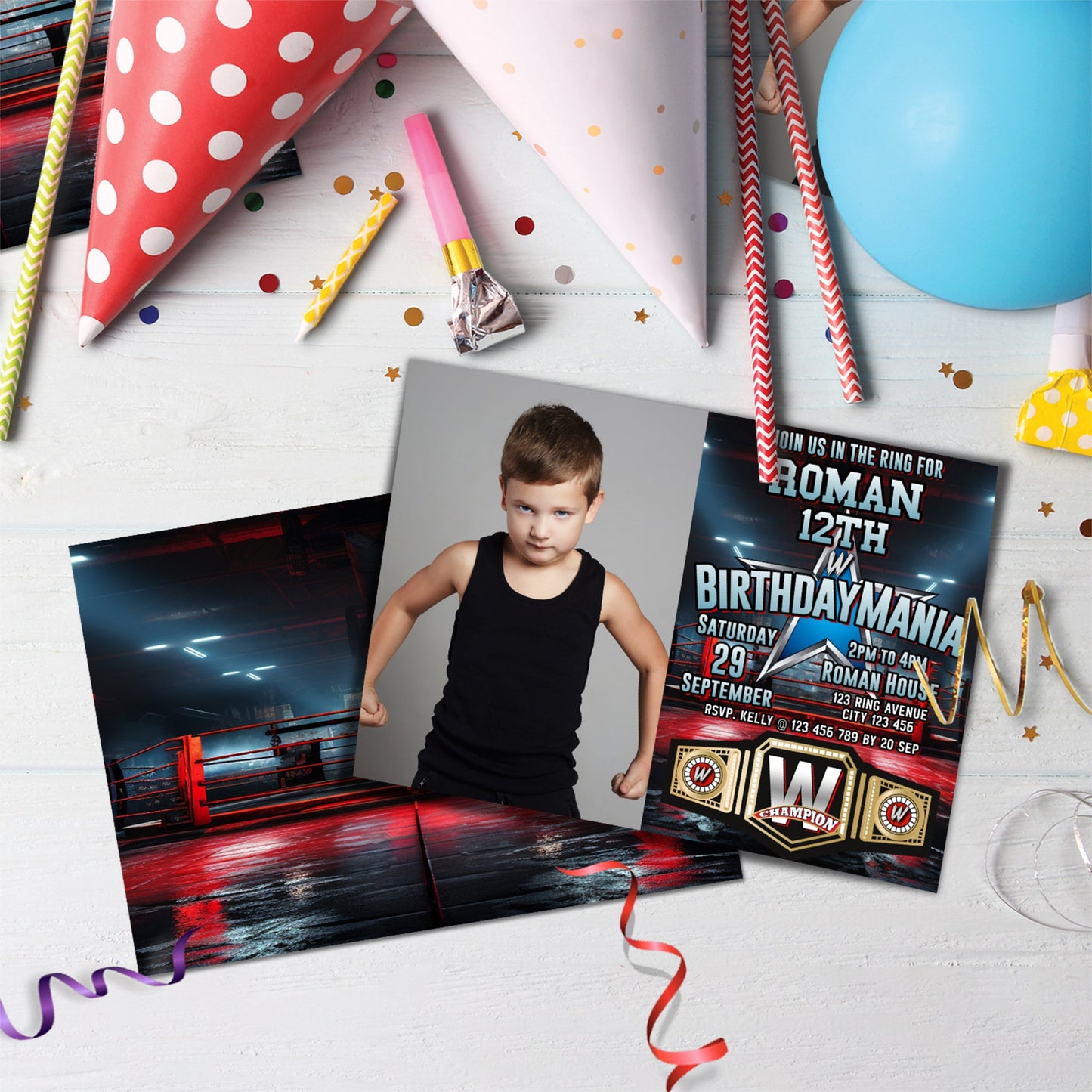 WWE WrestleMania Birthday Decorations, Wrestler Party Supplies, Birthday Mania Themed, Pro Wrestling Digital Template, Editable Wrestle Image SVG PNG