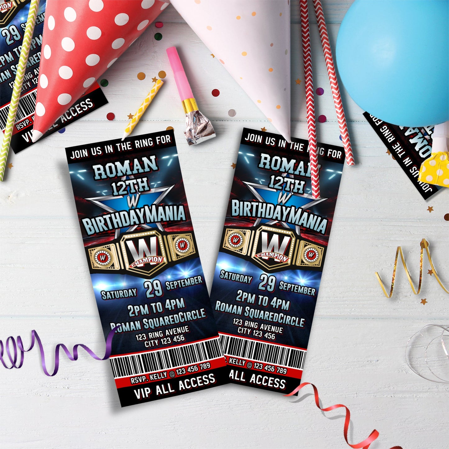 WWE WrestleMania Birthday Decorations, Wrestler Party Supplies, Birthday Mania Themed, Pro Wrestling Digital Template, Editable Wrestle Image SVG PNG