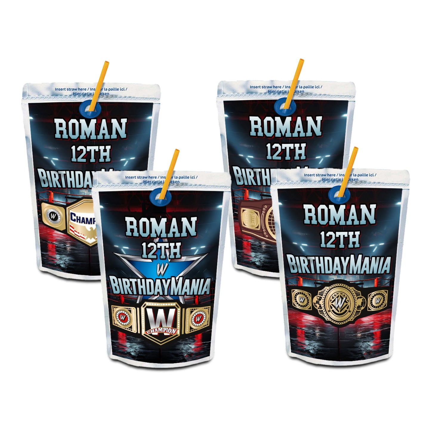 WWE Birthday Mania themed juice pouch label