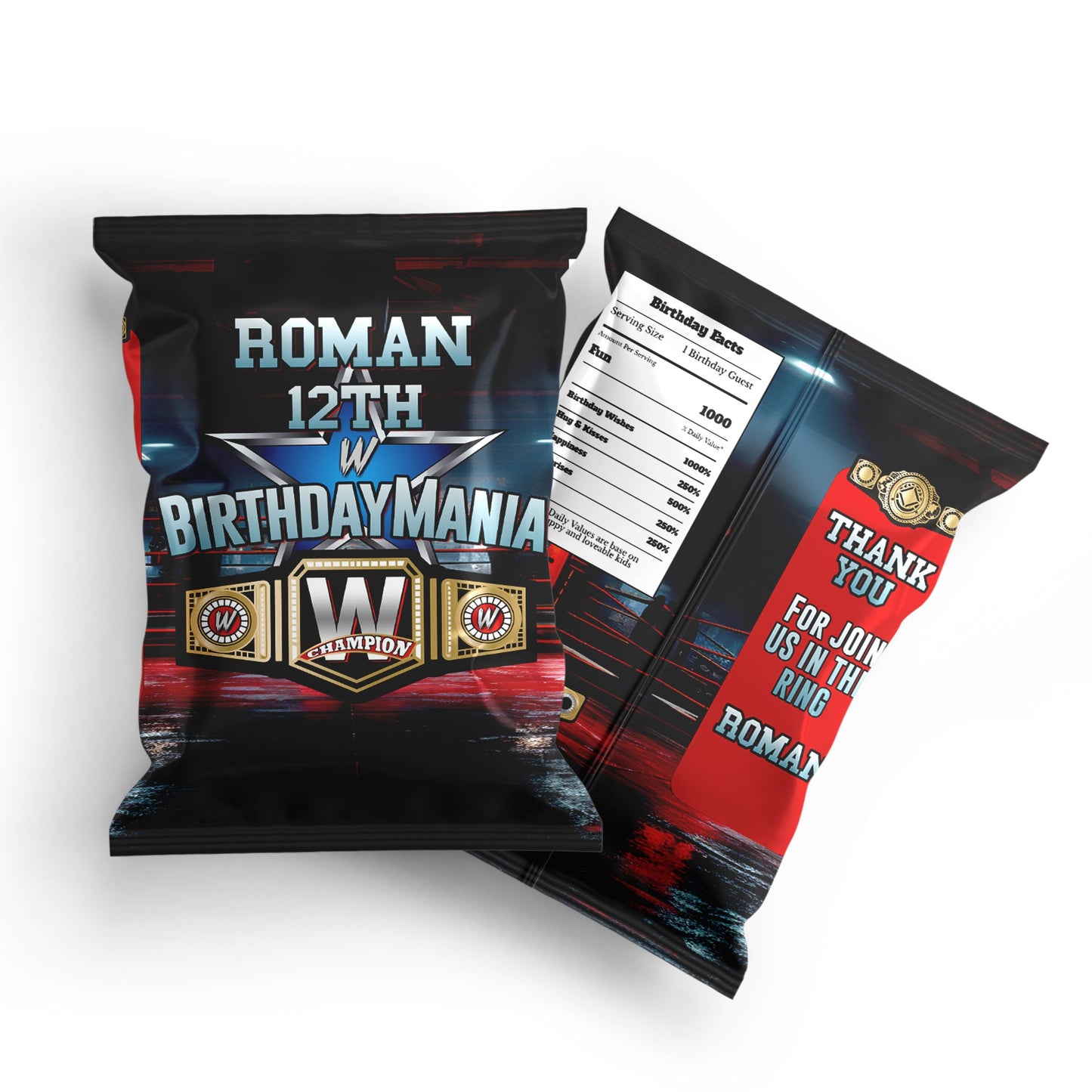 WWE Birthday Mania themed chips bag label