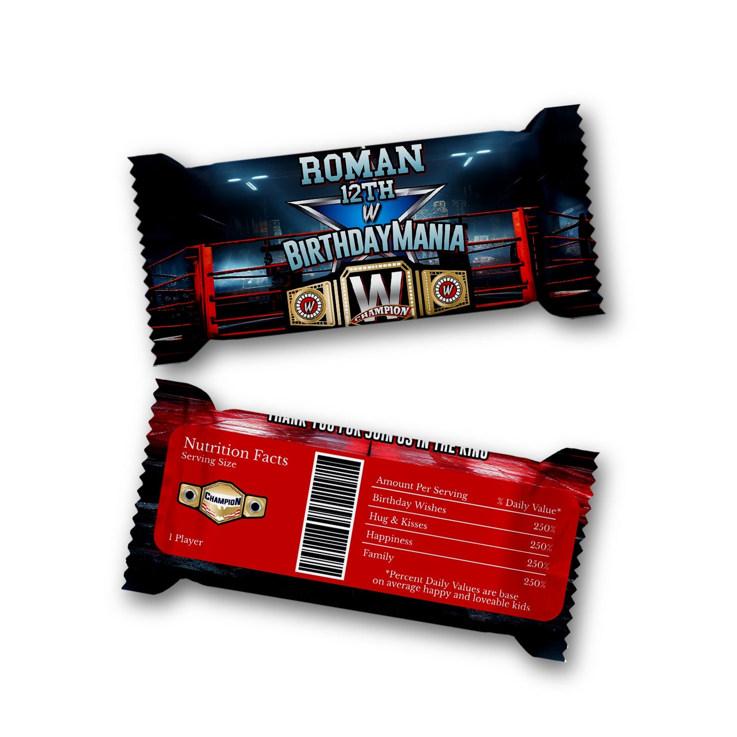WWE Birthday Mania themed Rice Krispies treats and candy bar label