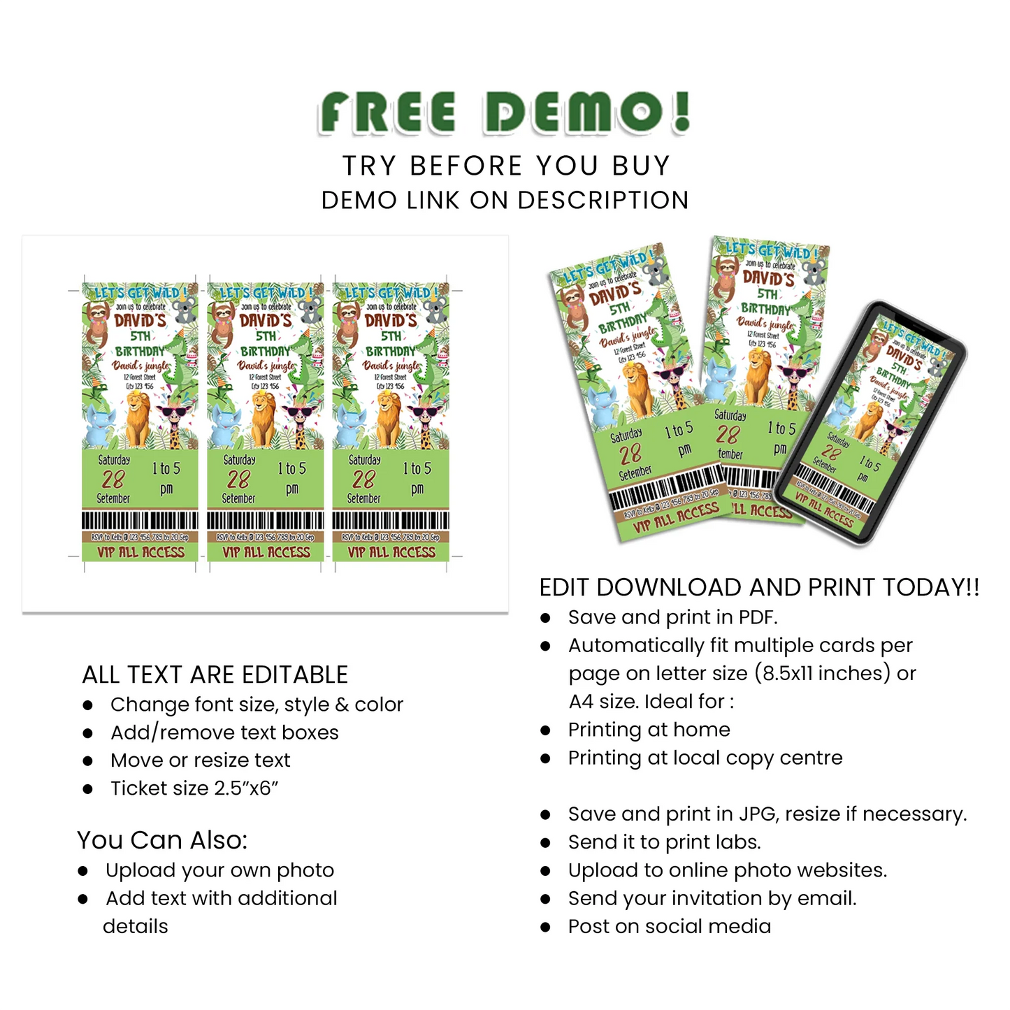 Zoo Party Personalized Birthday Ticket Invitations