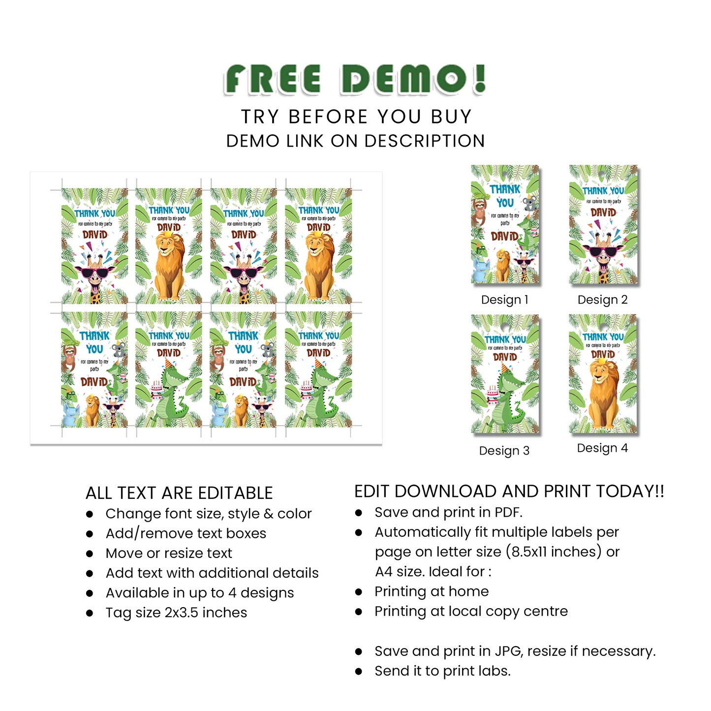 Zoo Party Favor Tags Printable Set