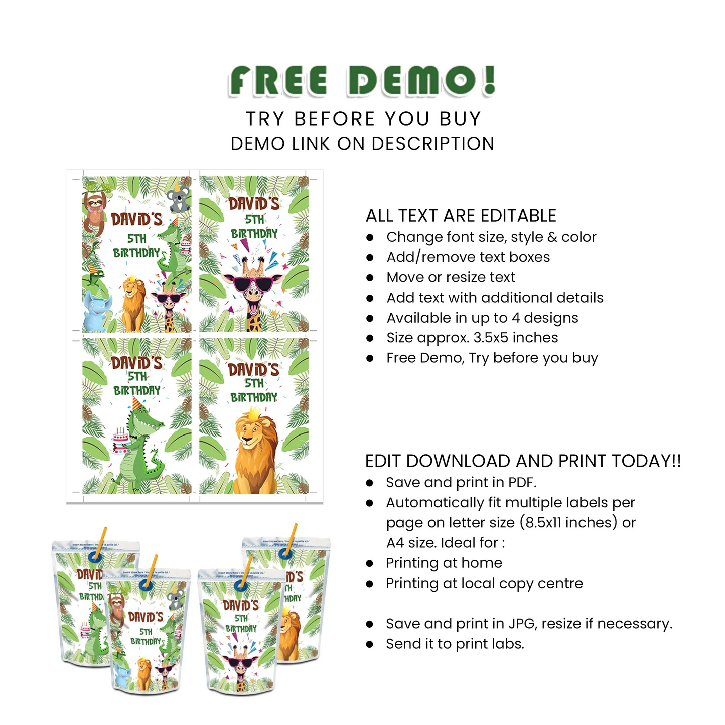 Zoo Party Juice Pouch Label Template