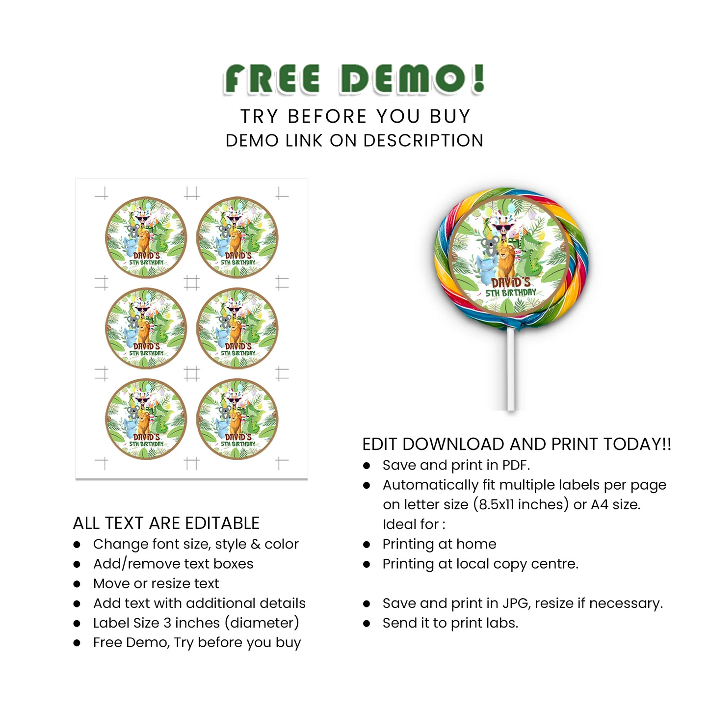 Zoo Party Lollipop Label Printable