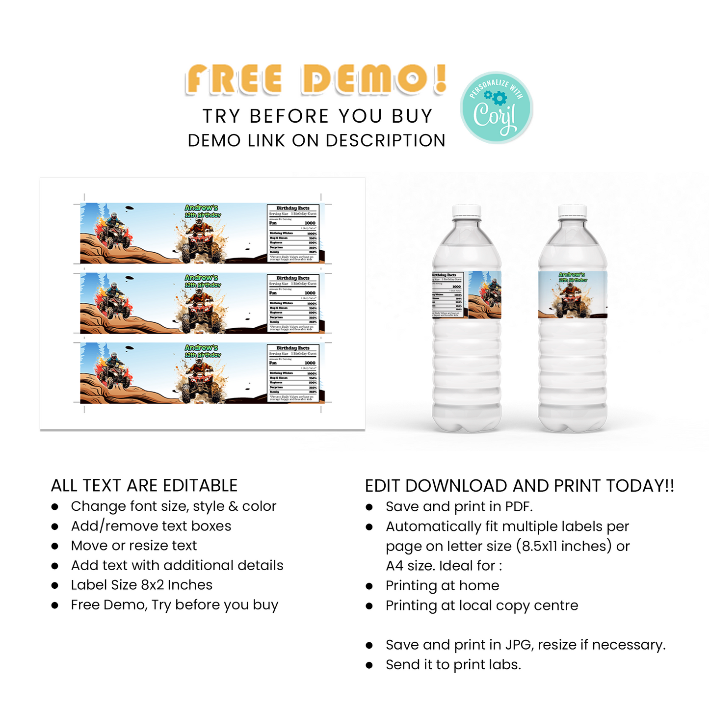 Hydrate in Style with ATV Quad Bike Water Bottle Labels