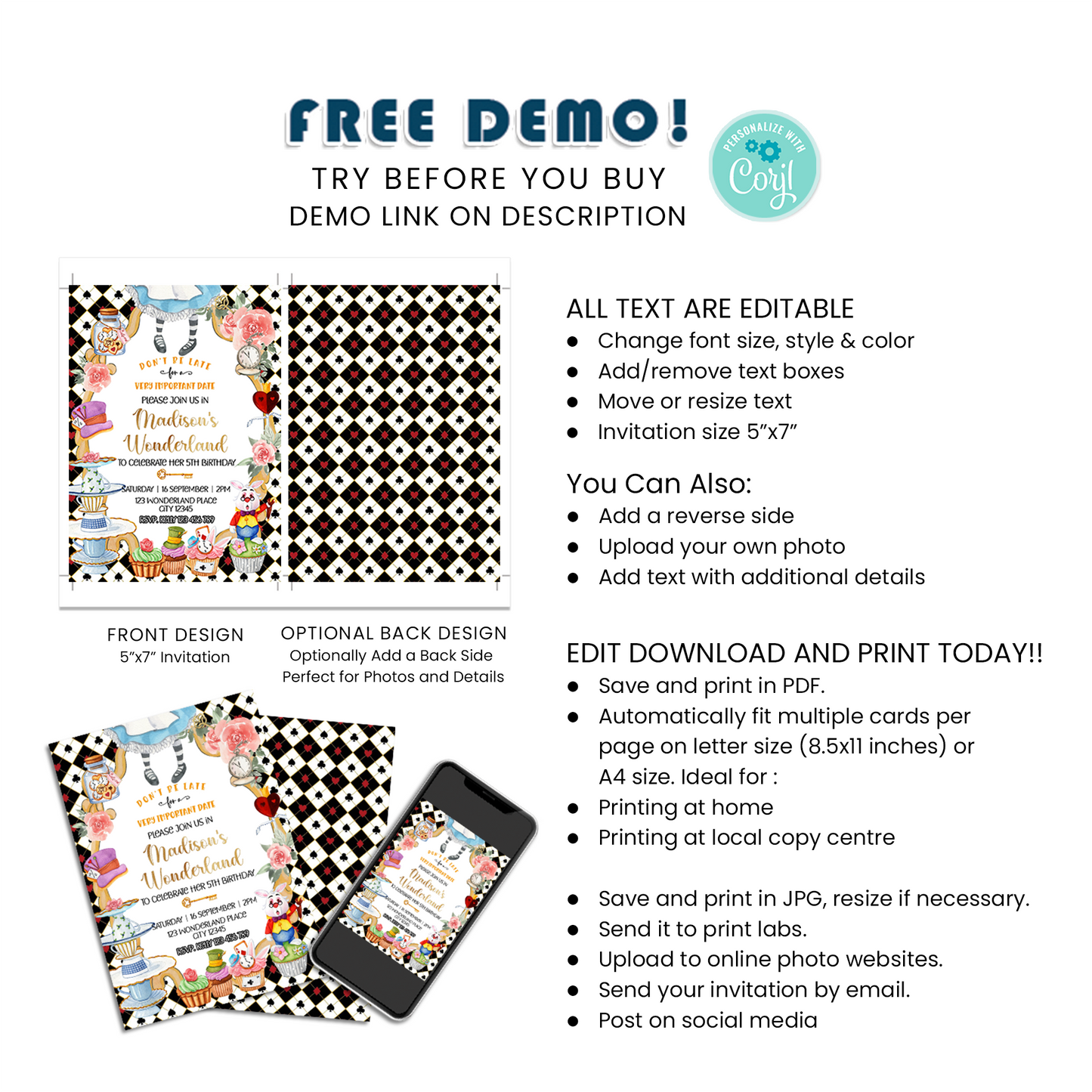 Personalized Alice in Wonderland Birthday Card Invitations - Unique, Custom-Made, Perfect for Inviting Loved Ones