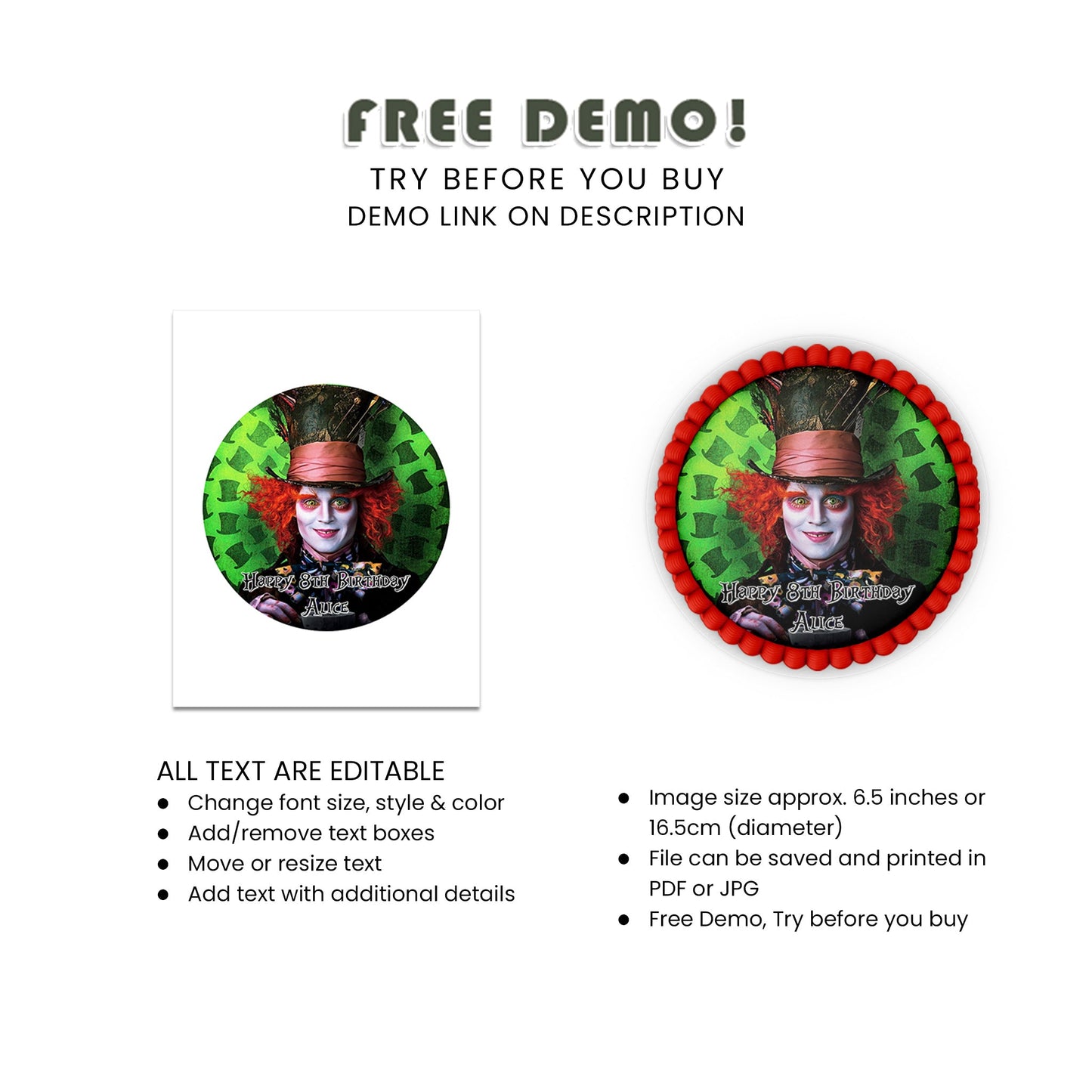 Round Personalized Alice in Wonderland - Mad Hatter Cake Images - Custom-Designed, Ideal for Themed Parties and Events