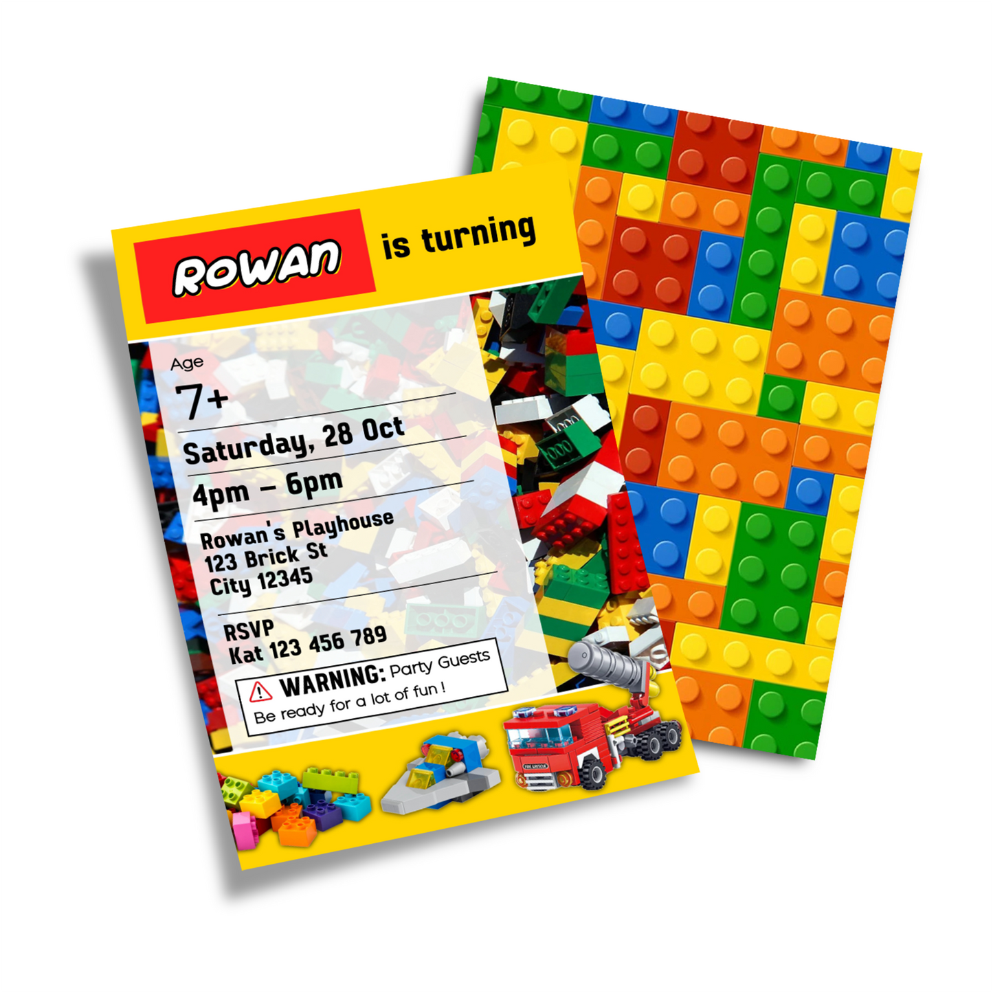 Personalized birthday card invitations with a Lego, Building Blocks theme