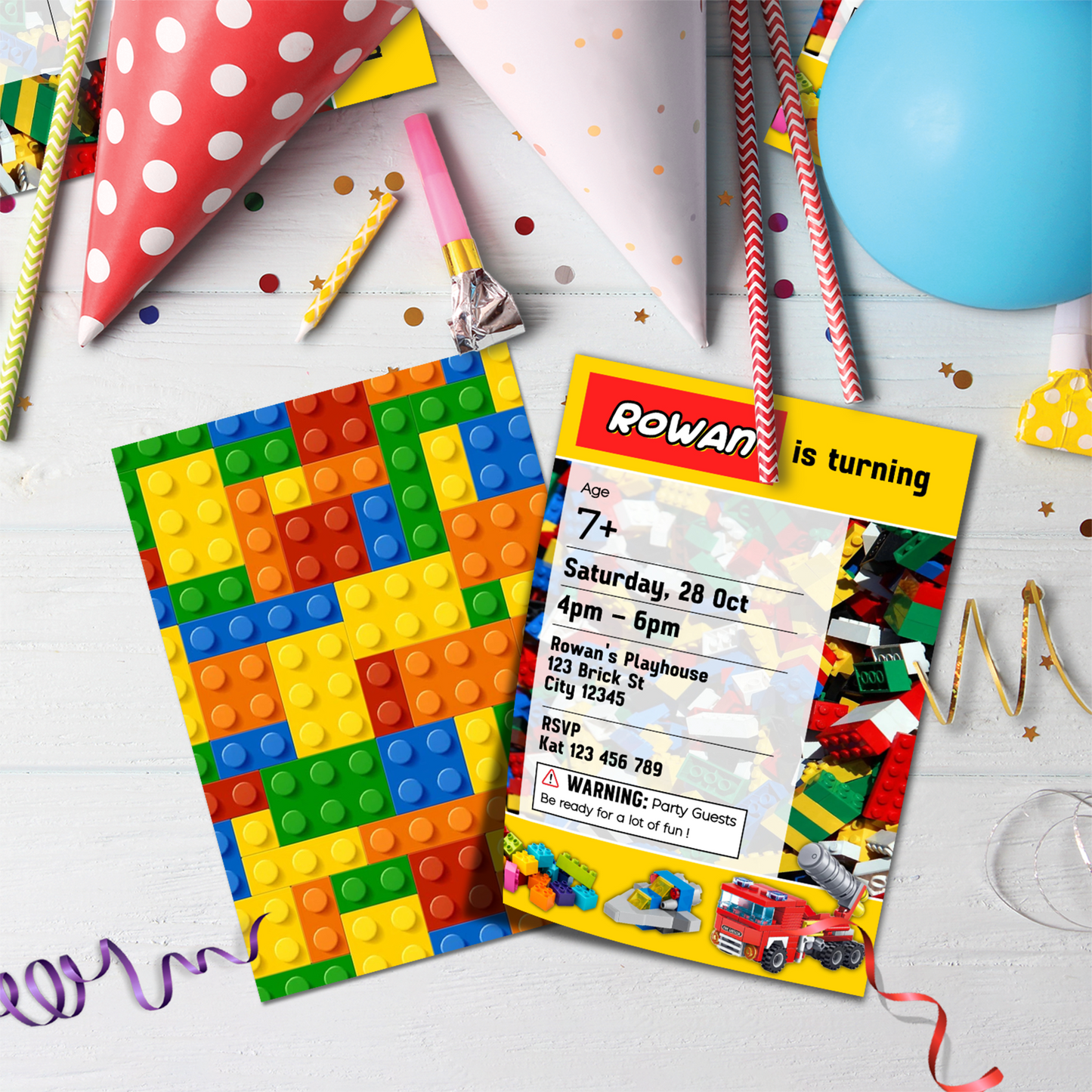 Personalized birthday card invitations with a Lego, Building Blocks theme