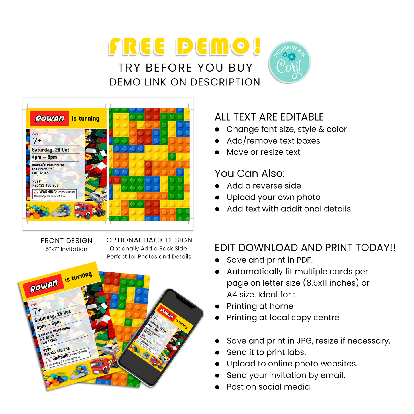 Birthday Card Invitations with Bricks, Building Blocks Personalization - Invite Your Guests in Style