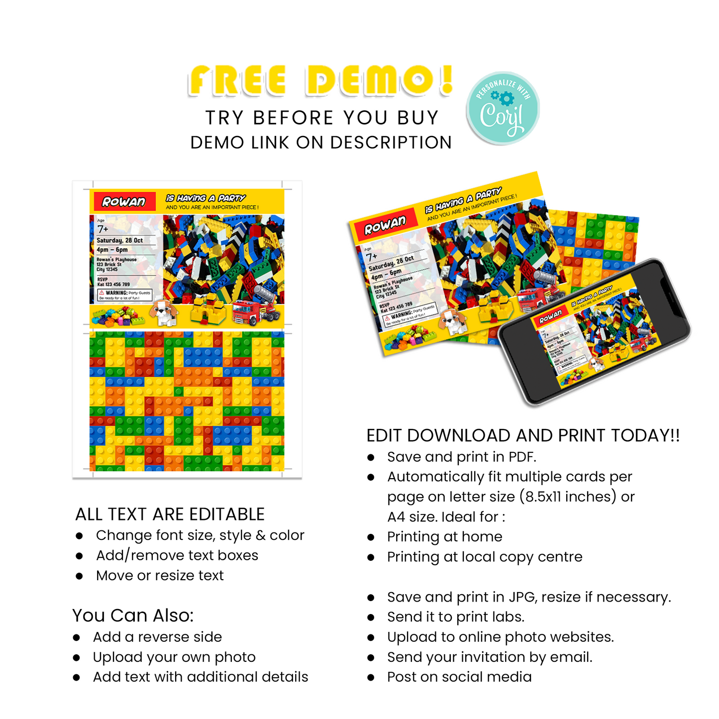 Birthday Card Invitations with Bricks, Building Blocks Personalization - Invite Your Guests in Style