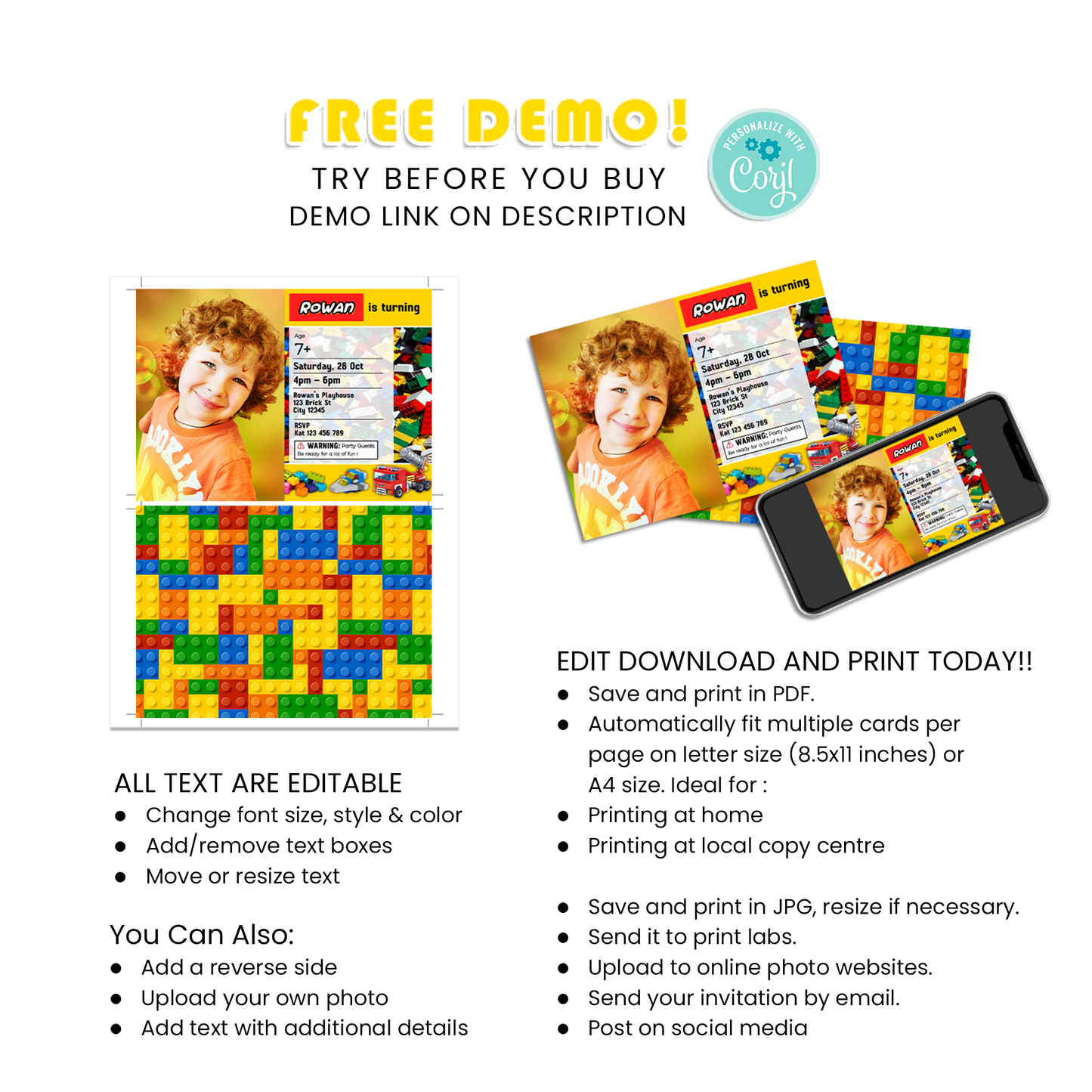 Photo Card Invitations with Bricks, Building Blocks Personalization - Create Lasting Memories