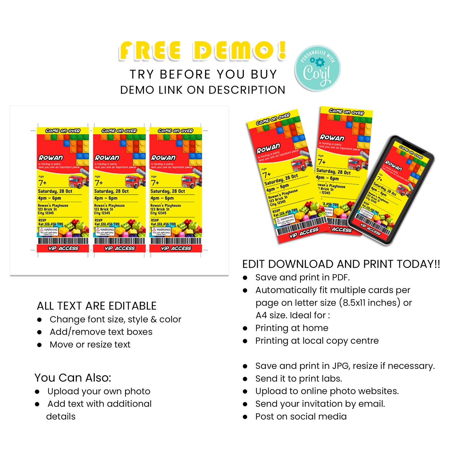 Birthday Ticket Invitations with Bricks, Building Blocks Personalization - Make Your Event Stand Out