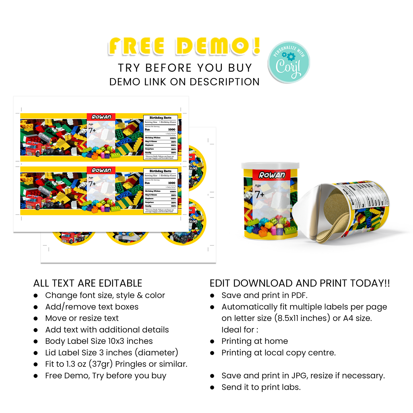 Small Pringles 1.37oz Can Label with Bricks, Building Blocks Theme - Add Fun to Your Snacks