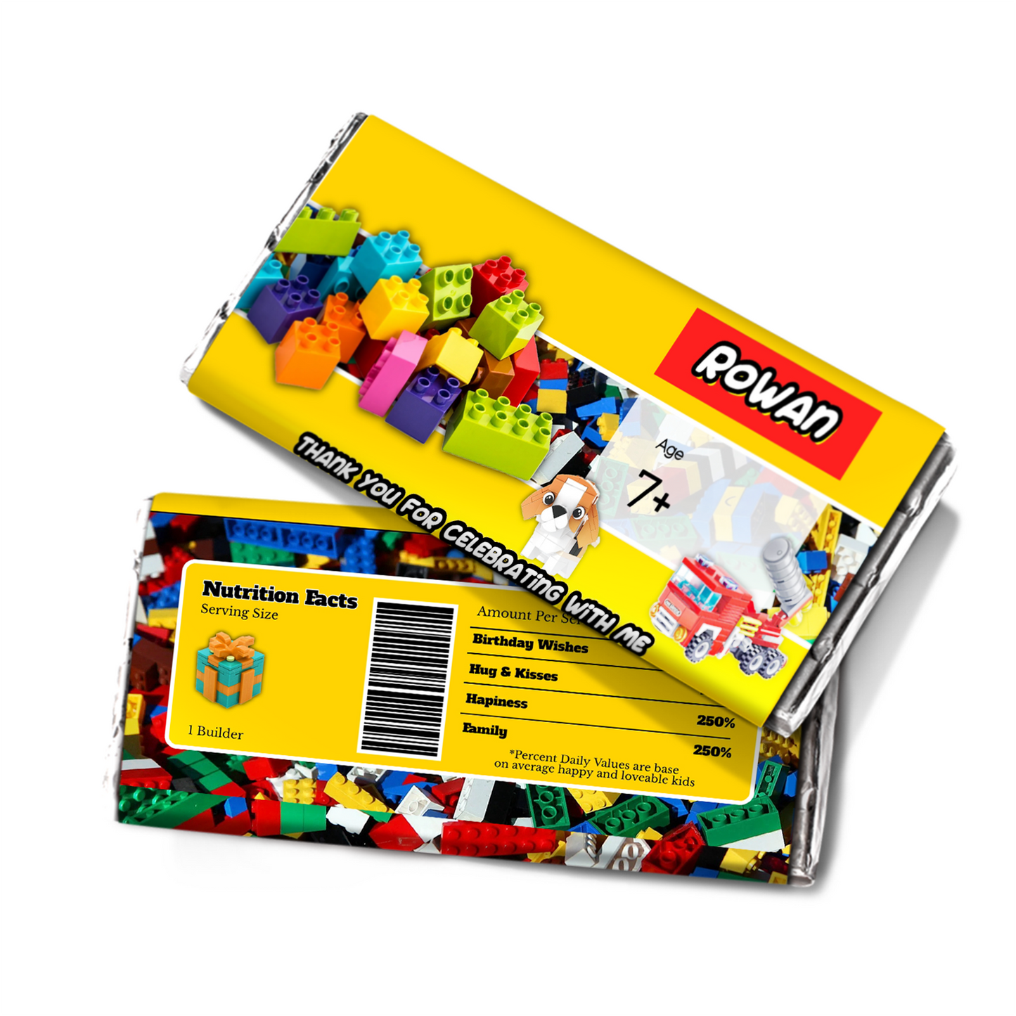 1.55oz Hershey’s chocolate label with a Lego, Building Blocks theme
