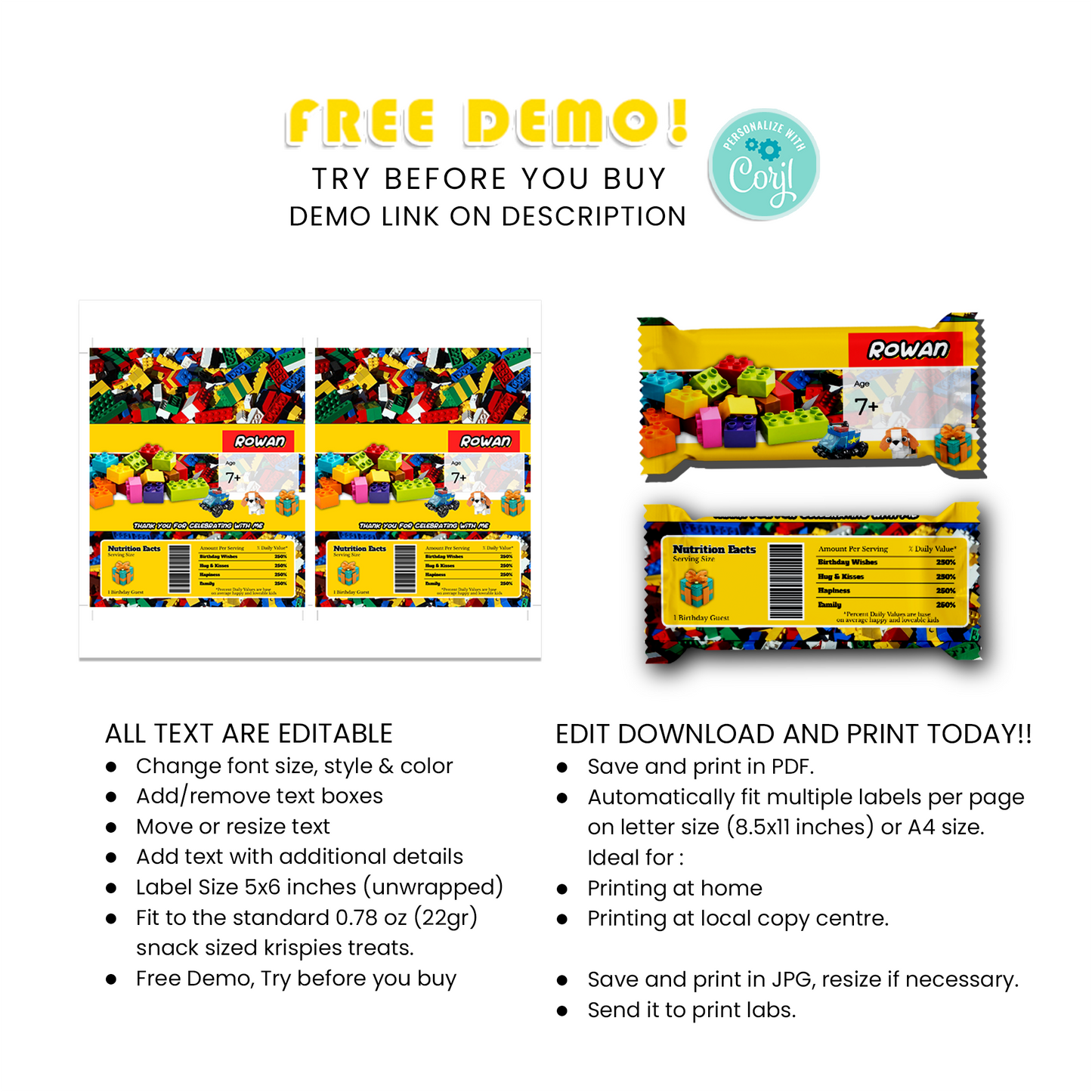 Rice Krispies Treats Label & Candy Bar Label with Bricks, Building Blocks Design - Add Fun to Your Party