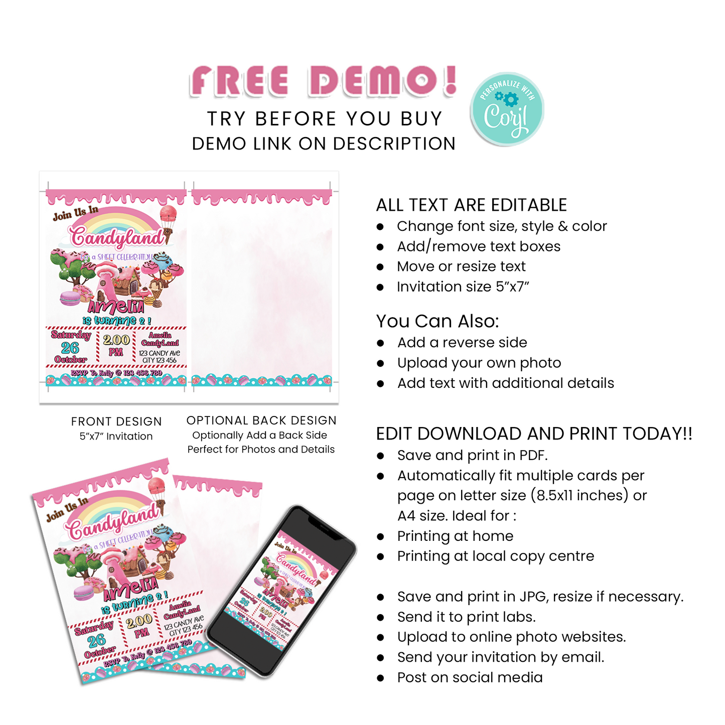 Personalized Birthday Card Invitations for a Candy Land Themed Party