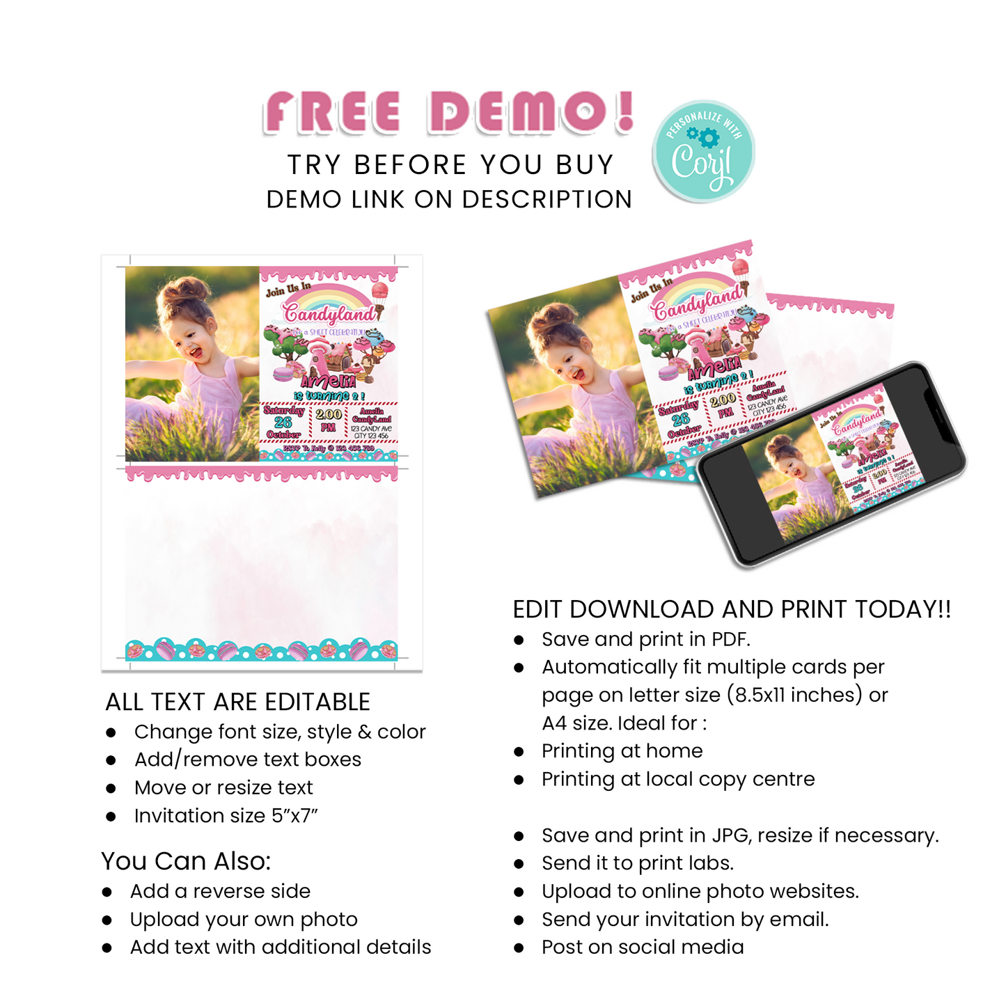 Personalized Photo Card Invitations for a Candy Land Themed Celebration