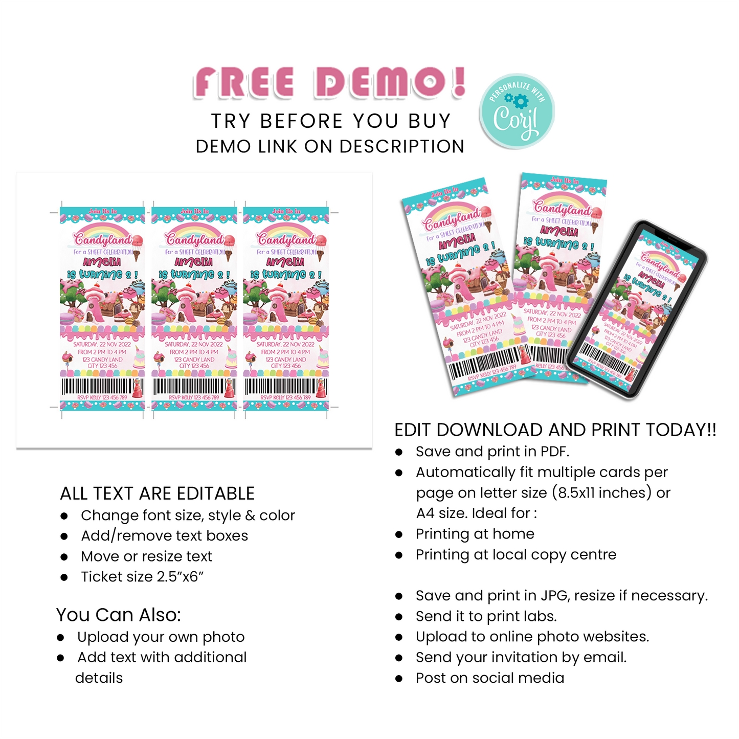 Personalized Birthday Ticket Invitations for a Candy Land Themed Event