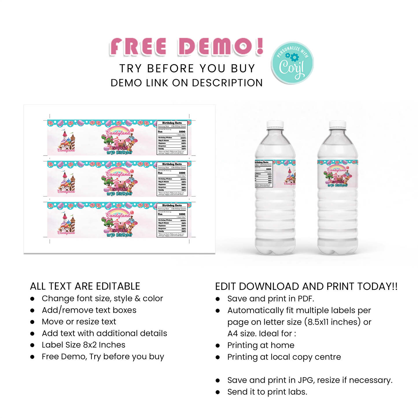 Candy Land Themed Water Bottle Label for Party Refreshments