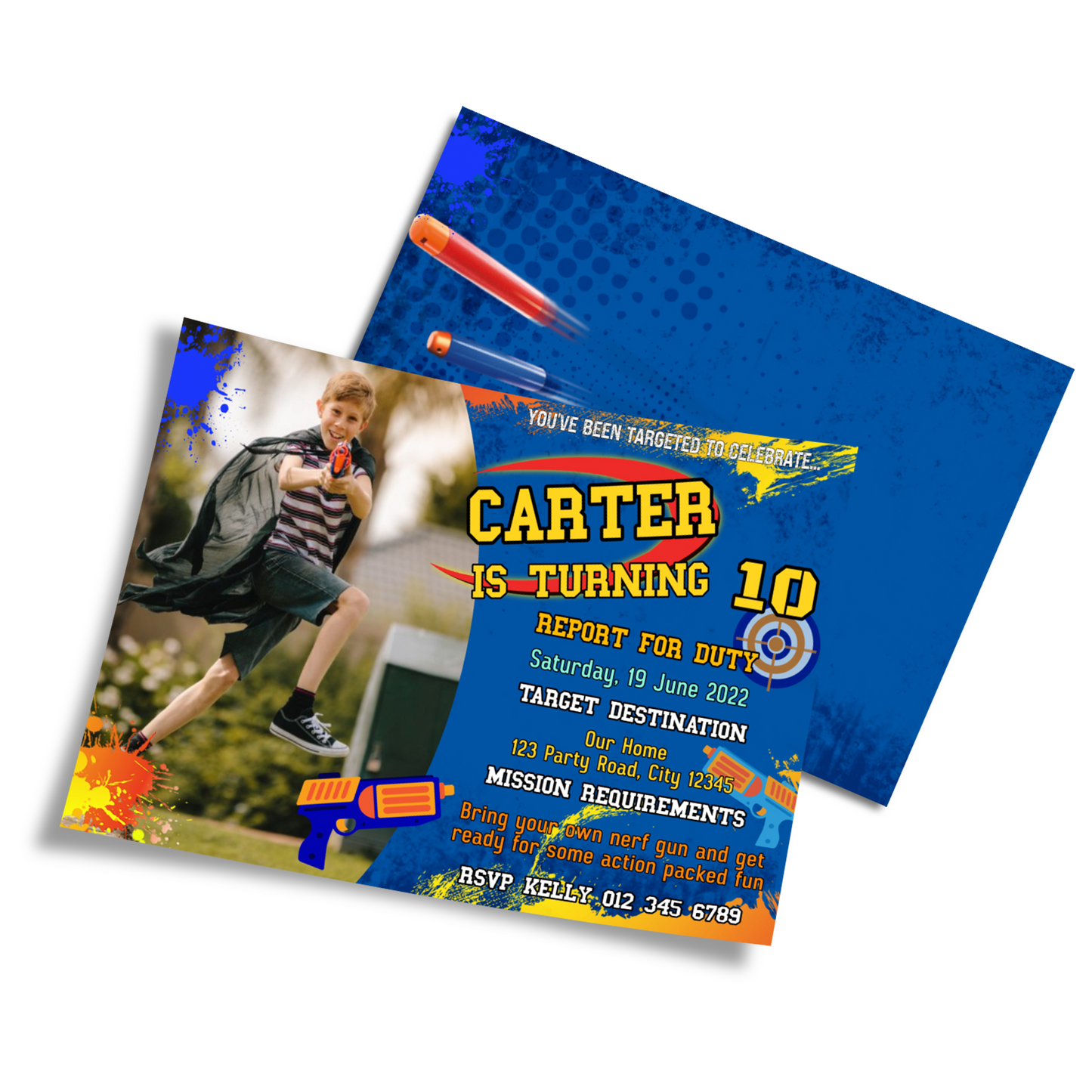Personalized photo card invitations with a Nerf theme, making your invitations unique.