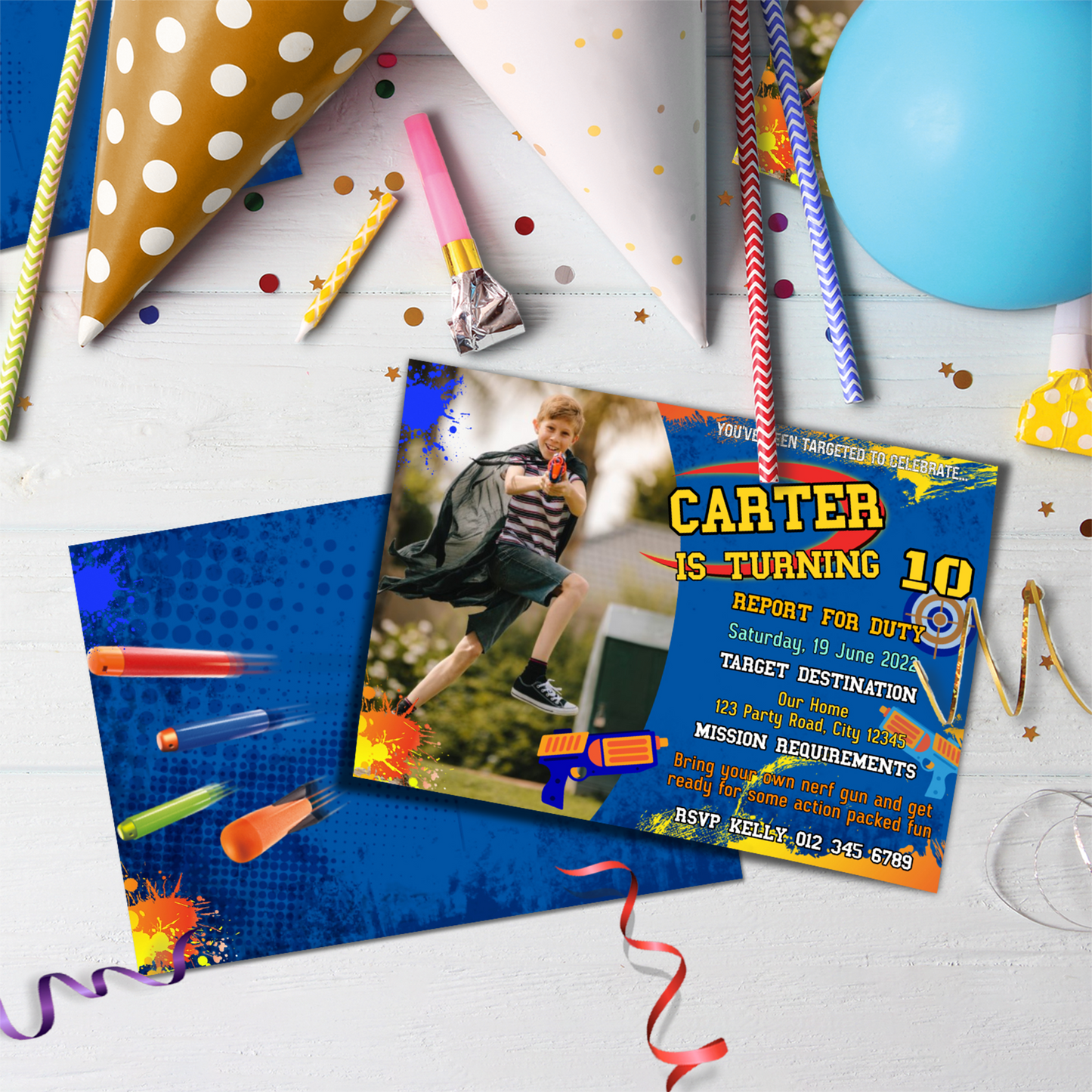 Personalized photo card invitations with a Nerf theme, making your invitations unique.