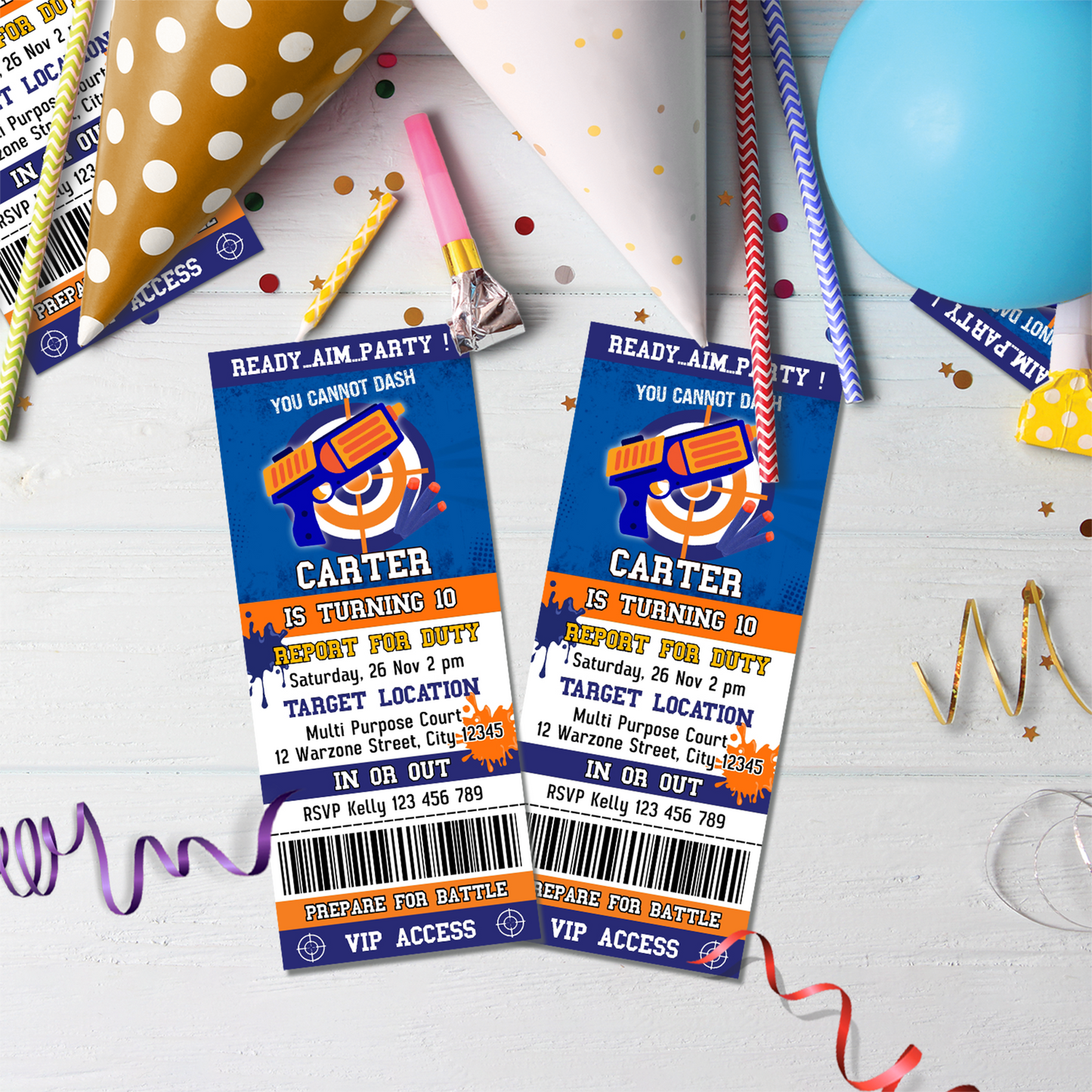 Nerf-themed birthday ticket invitations, making your guests feel special.