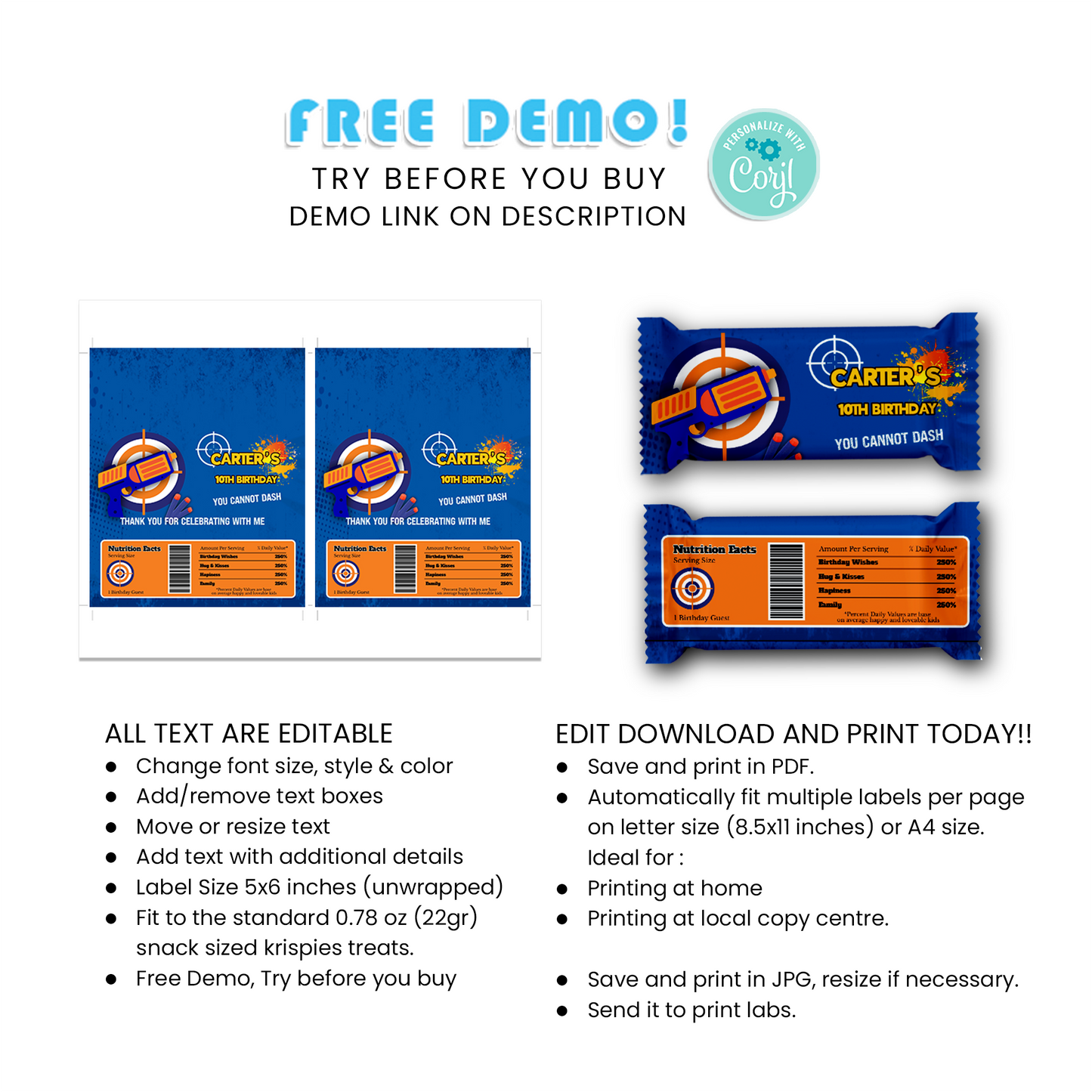 Treat Yourself: Dart Gun Rice Krispies Treats Label & Candy Bar Label for Crispy Crunches