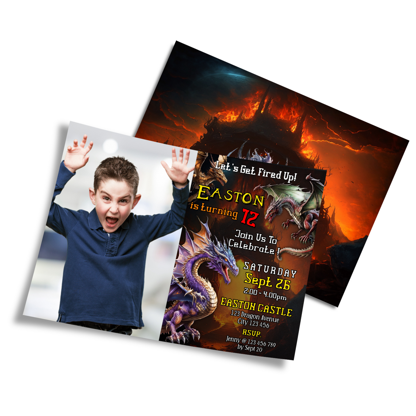 Personalized photo card invitations with a Dragon theme