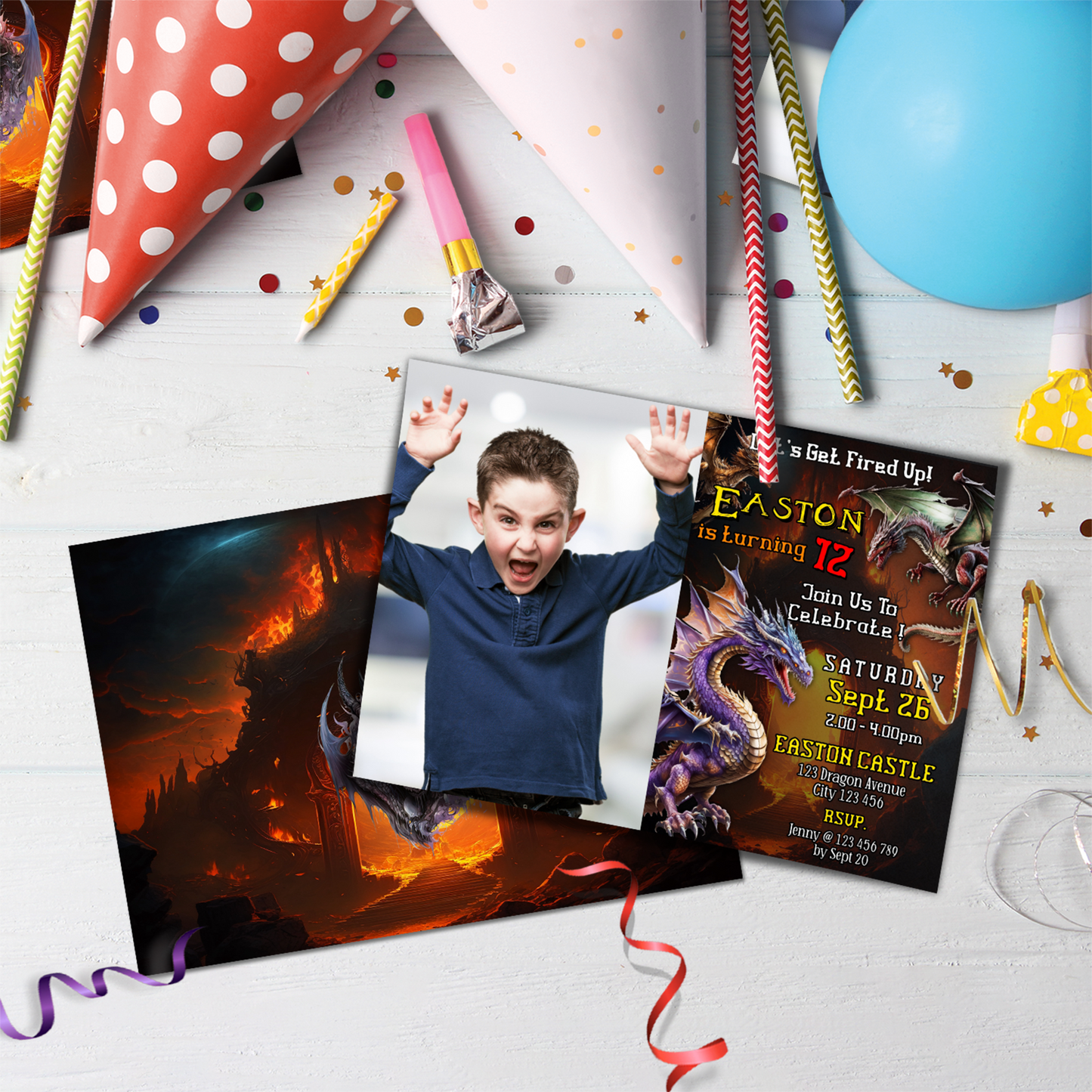 Personalized photo card invitations with a Dragon theme