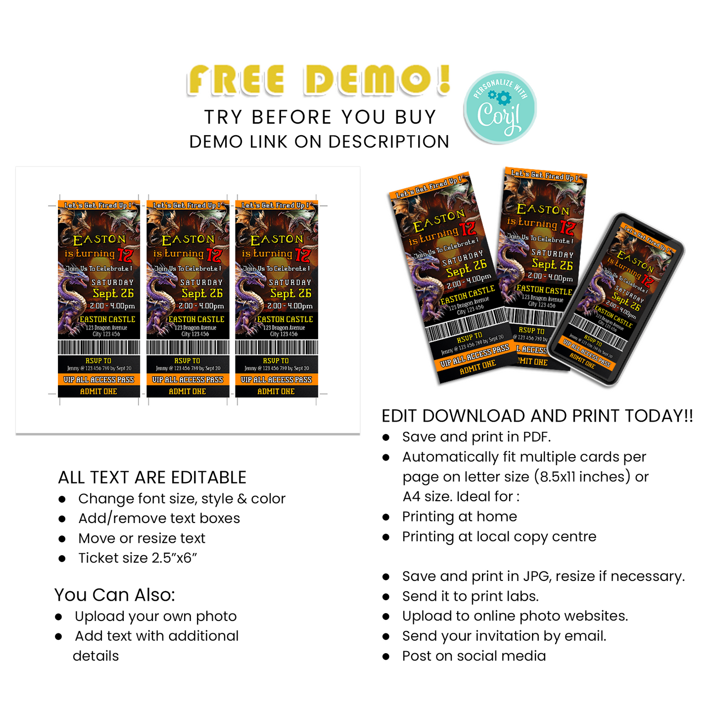 Personalized Birthday Ticket Invitations for an Exciting Dragon Themed Event