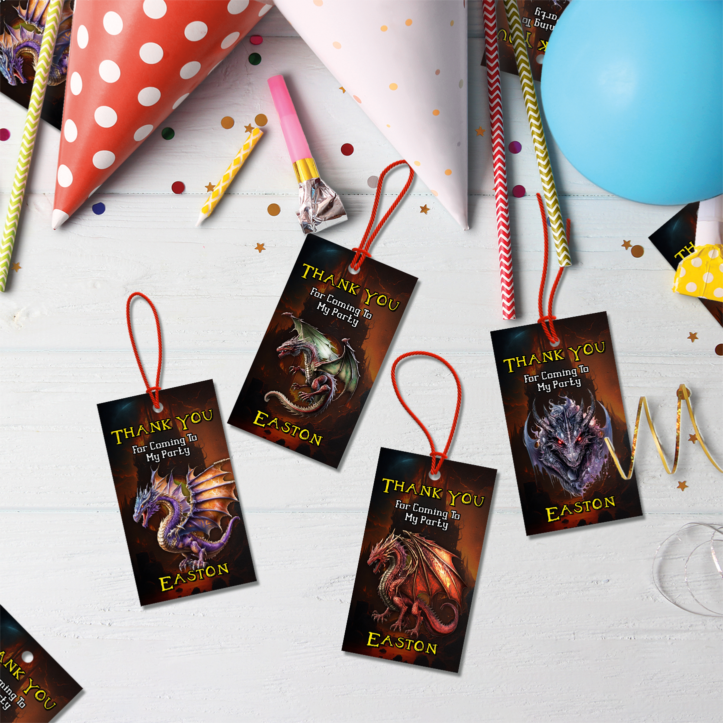 Favor tags or thank you tags with a Dragon theme
