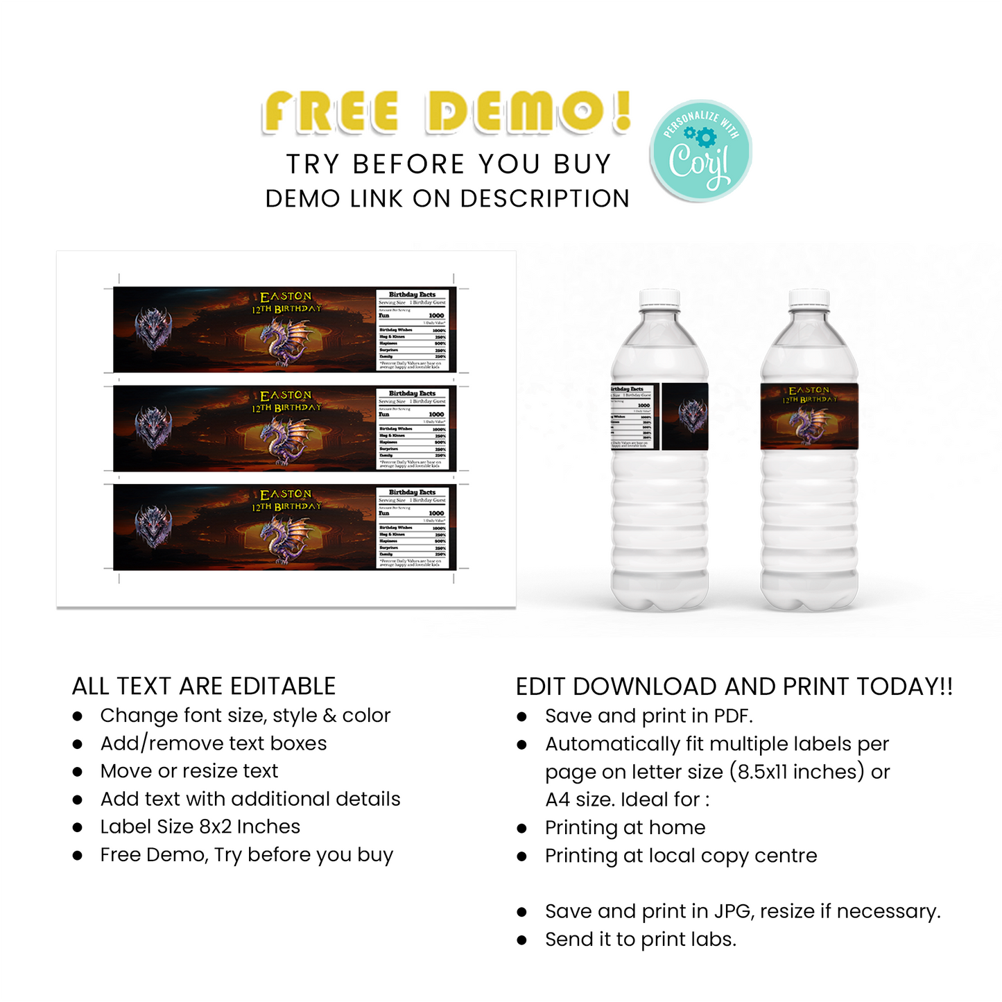 Water Bottle Label for a Refreshing Touch to Your Dragon Themed Party