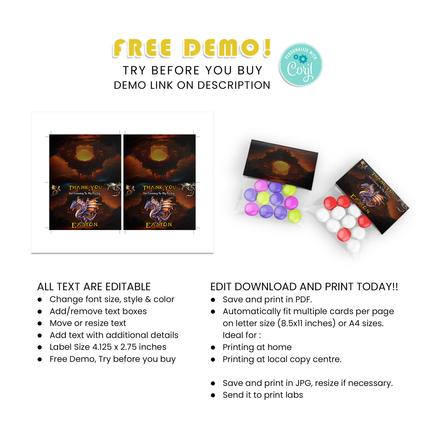 Treat Bag Label, Candy Bag Label for a Sweet Surprise at Your Dragon Themed Party