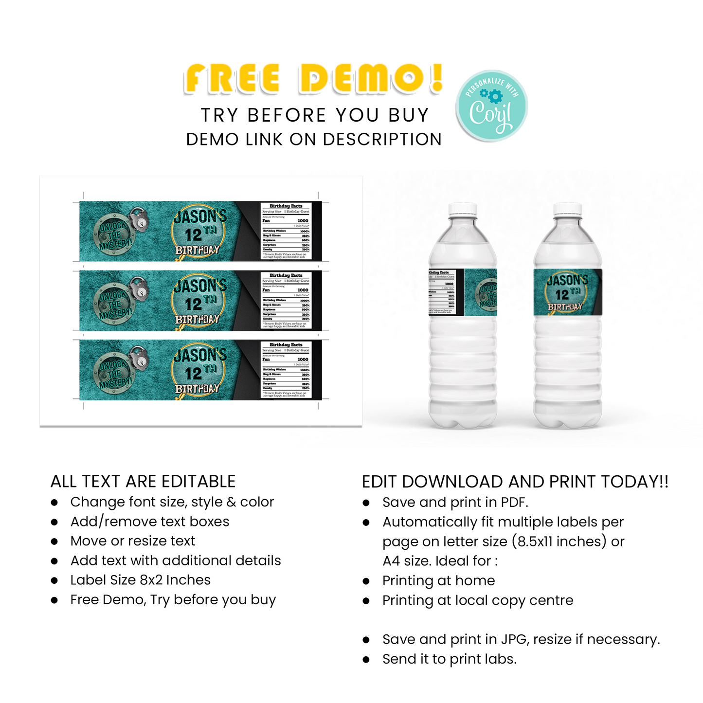 Water Bottle Label for a Refreshing Touch to Your Escape Room Themed Party