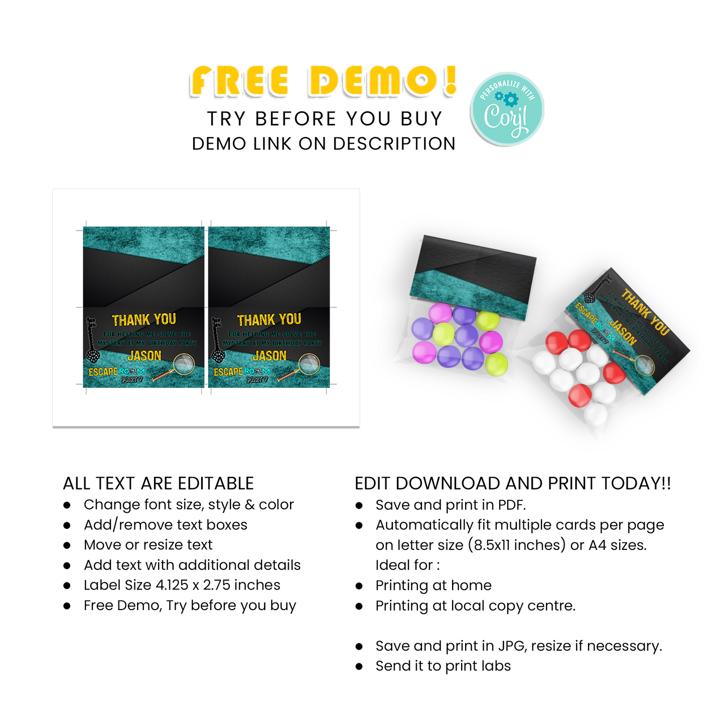 Treat Bag Label, Candy Bag Label for a Sweet Surprise at Your Escape Room Themed Party