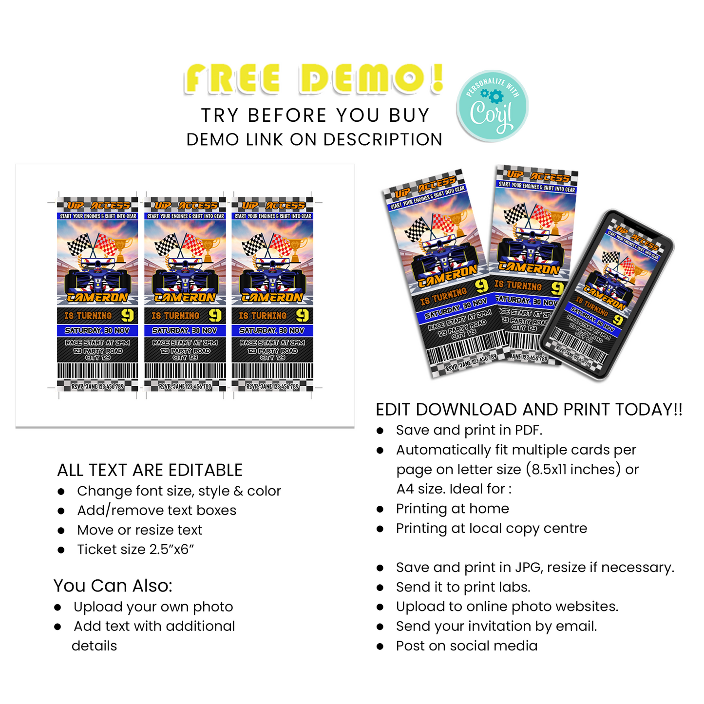 Personalized Birthday Ticket Invitations for an Exciting Formula One Themed Event