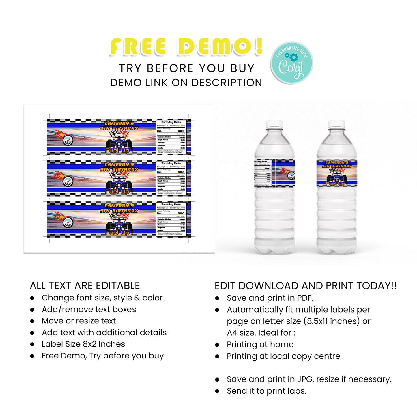 Water Bottle Label for a Refreshing Touch to Your Formula One Themed Party