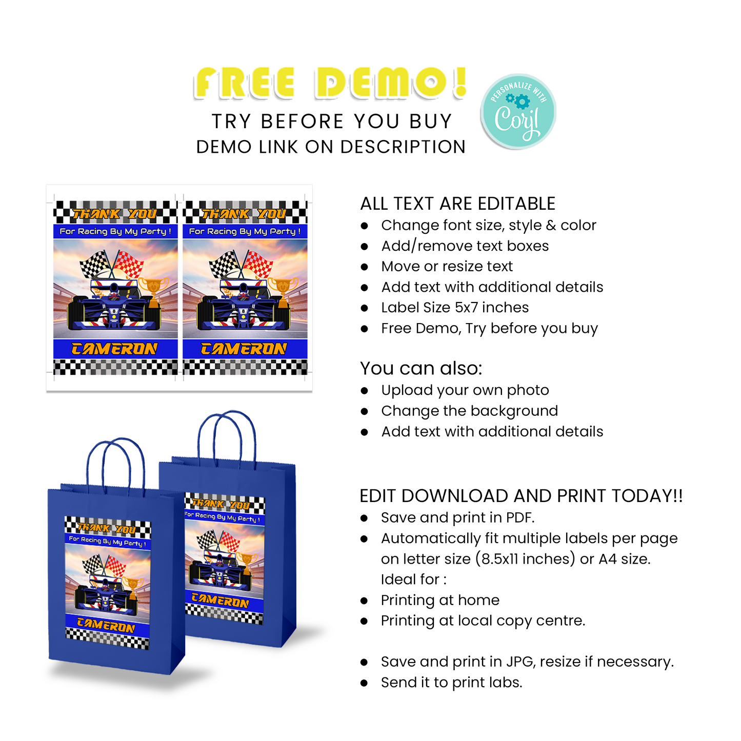 Gift Bag Label for a Thoughtful Present at Your Formula One Themed Party