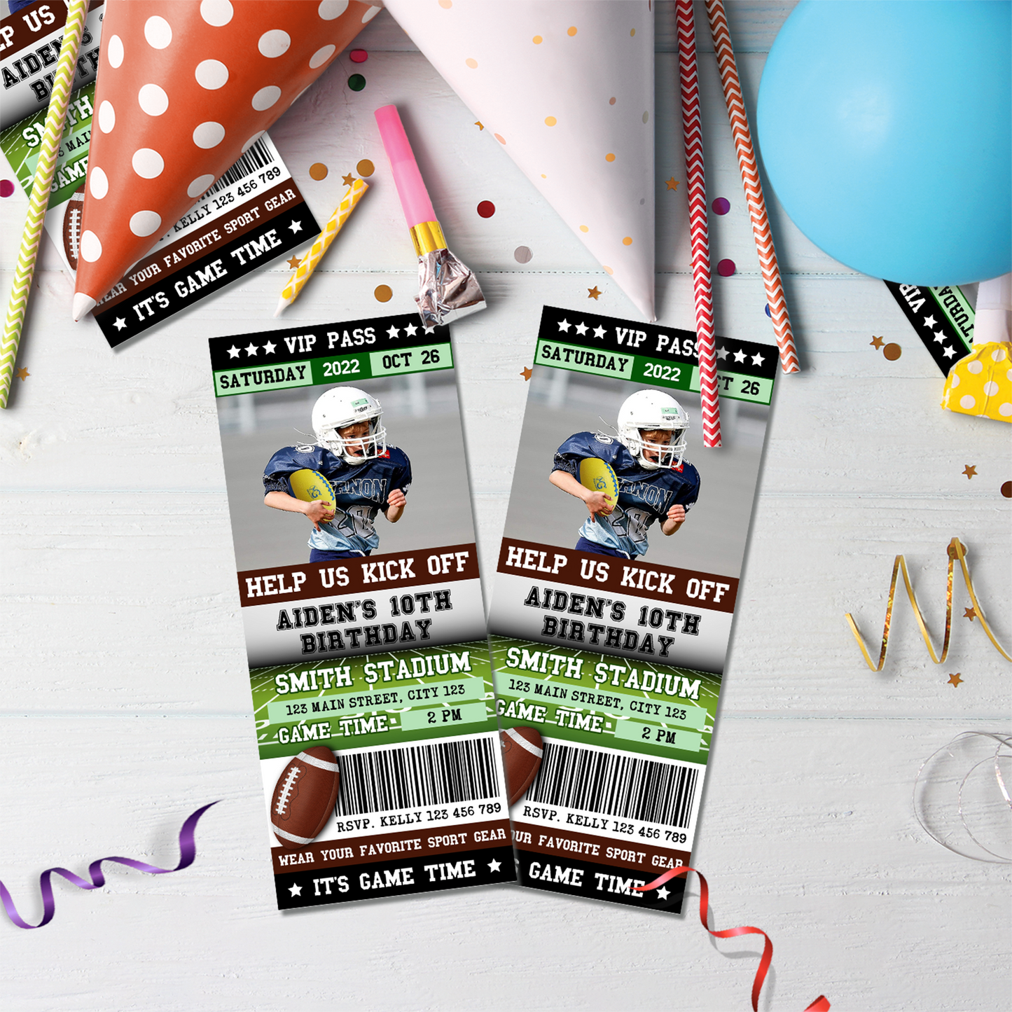 Personalized photo ticket invitations with a Football theme