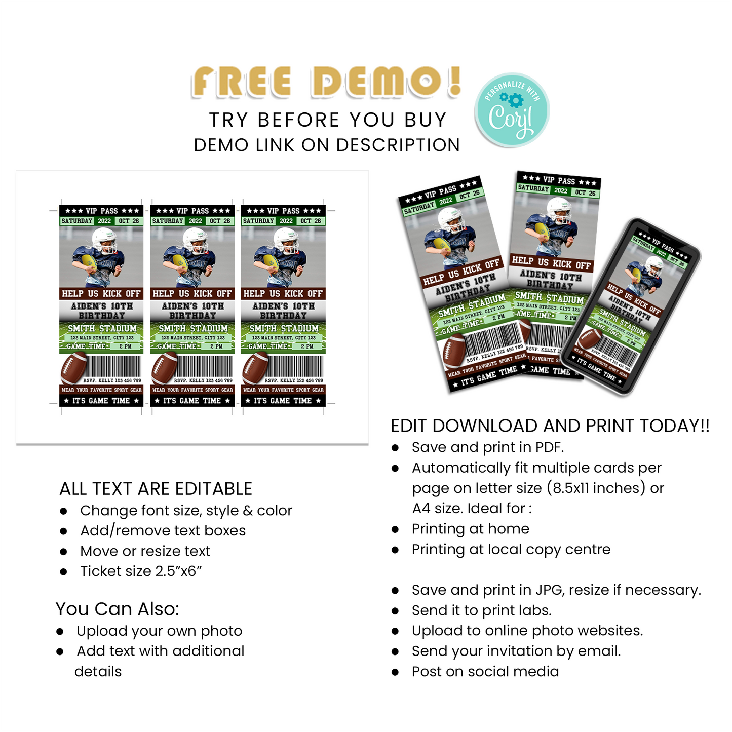 Personalized Photo Ticket Invitations for a Thrilling Football Themed Gathering