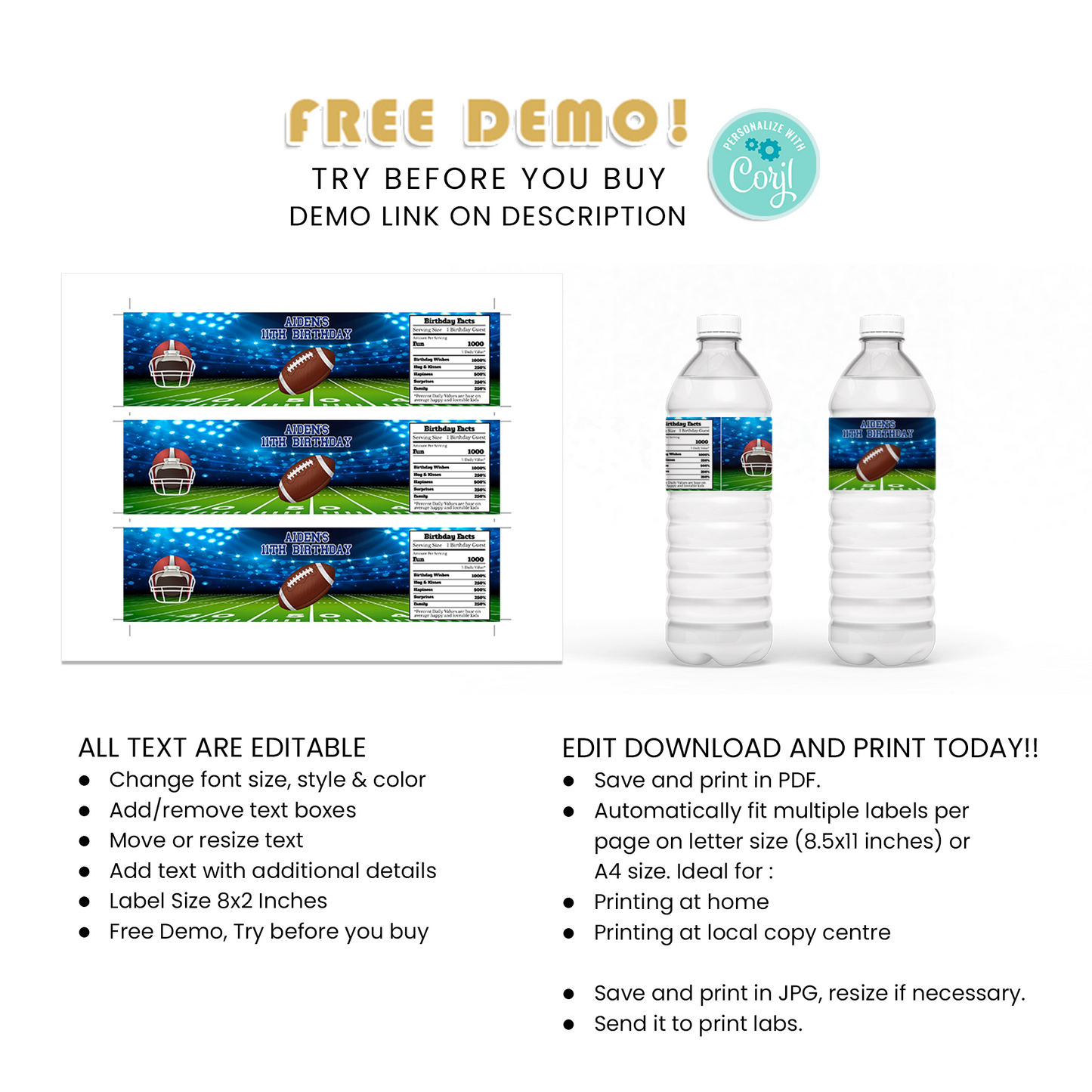 Water Bottle Label for a Refreshing Touch to Your Football Themed Party