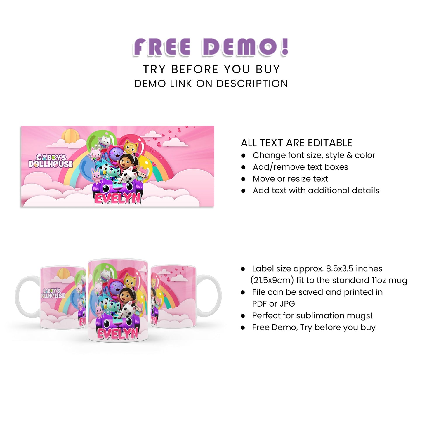 Gabby’s Dollhouse Sublimation Mug : Custom Sublimation Mugs with Gabby’s Dollhouse Designs