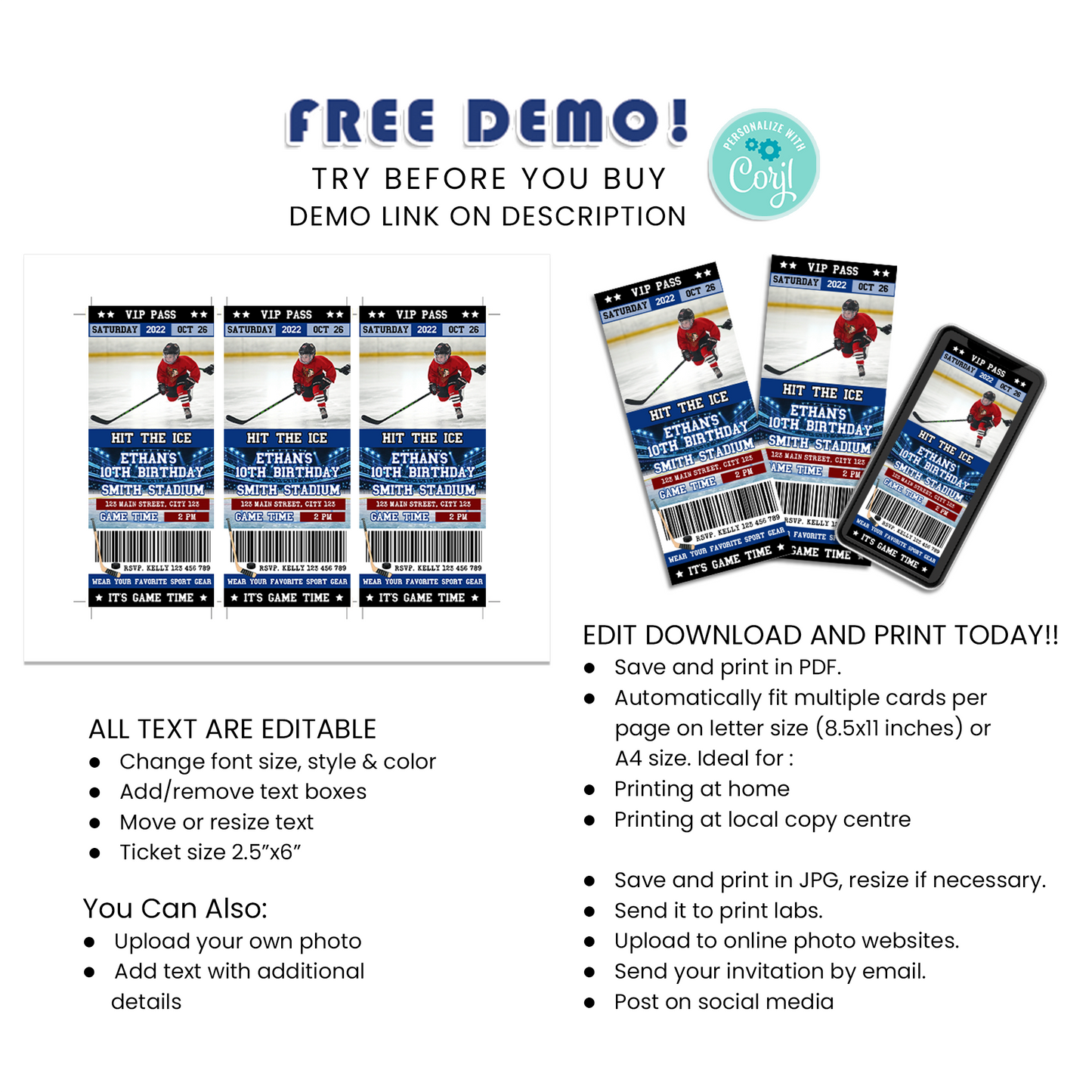 Personalized Photo Ticket Invitations for a Thrilling Hockey Themed Gathering